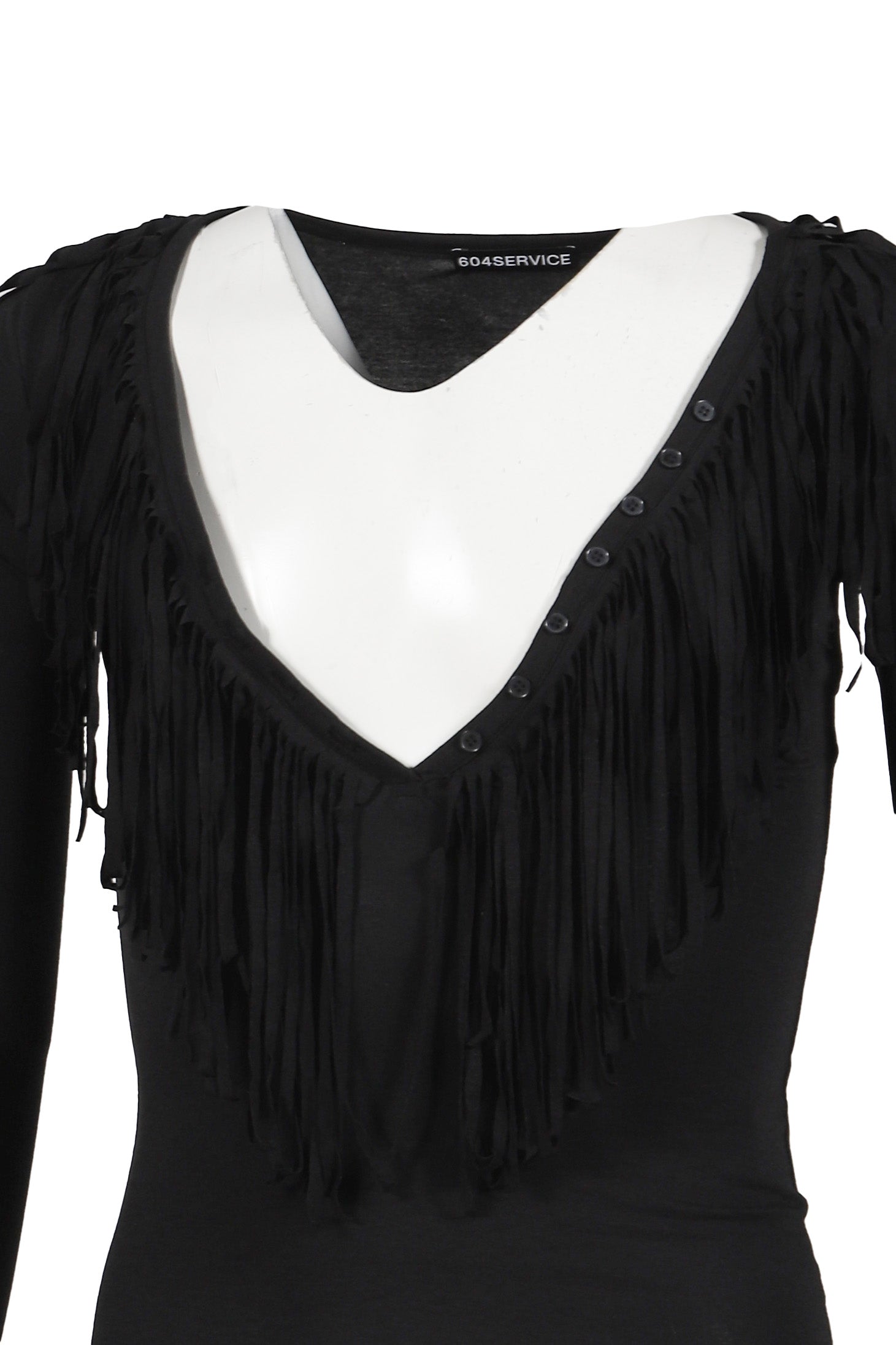 FRINGED BUTTON SLIM TEE / BLK