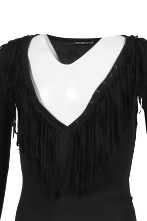 FRINGED BUTTON SLIM TEE / BLK