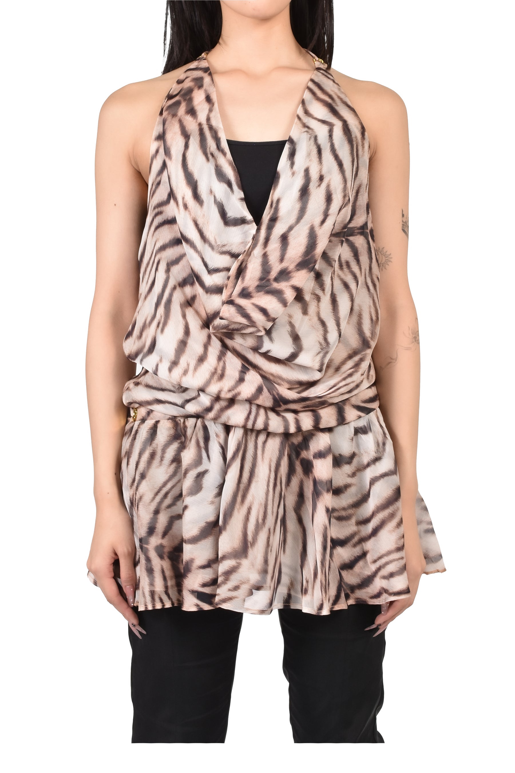 LIGHT GOLD TIGER-PRINT HALTER DRESS / BRW