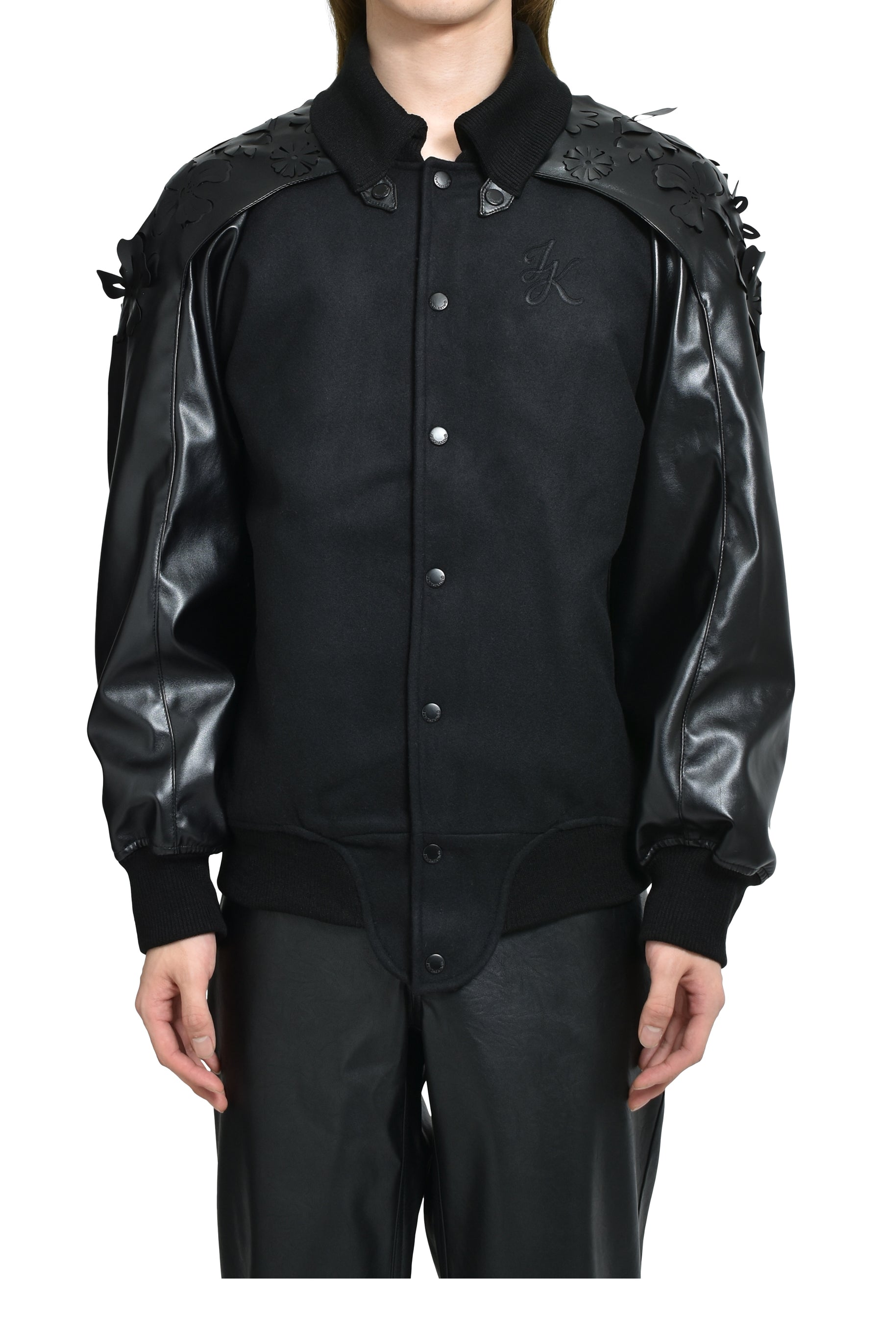 LASER-CUT FLOWER VARSITY JACKET / BLK