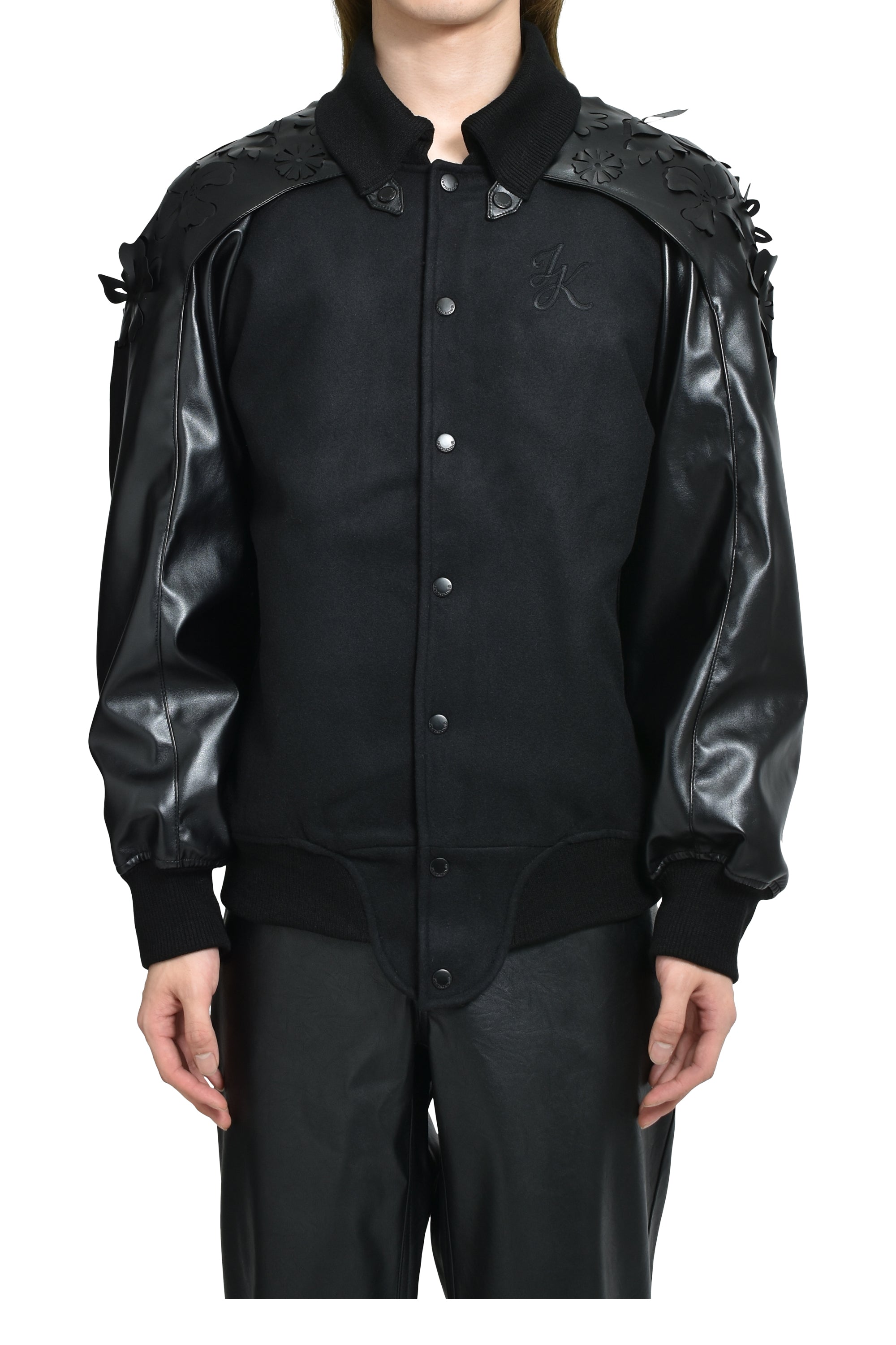 LASER-CUT FLOWER VARSITY JACKET / BLK