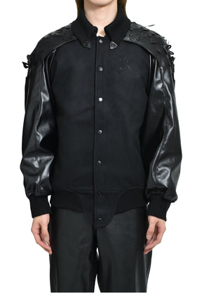 LASER-CUT FLOWER VARSITY JACKET / BLK