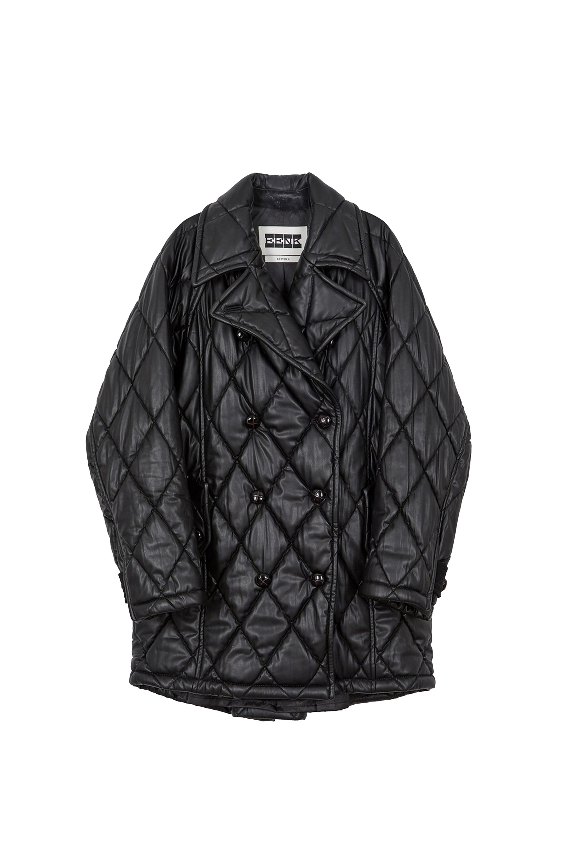 QUILTED PEA COAT / BLK