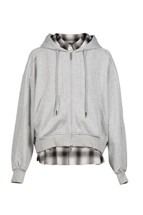 2 IN 1 ZIP HOODIE WITH CHECK SHIRT / GRY