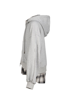 2 IN 1 ZIP HOODIE WITH CHECK SHIRT / GRY