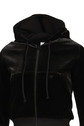VELVET FITTED ZIP-UP HOODIE / BLK