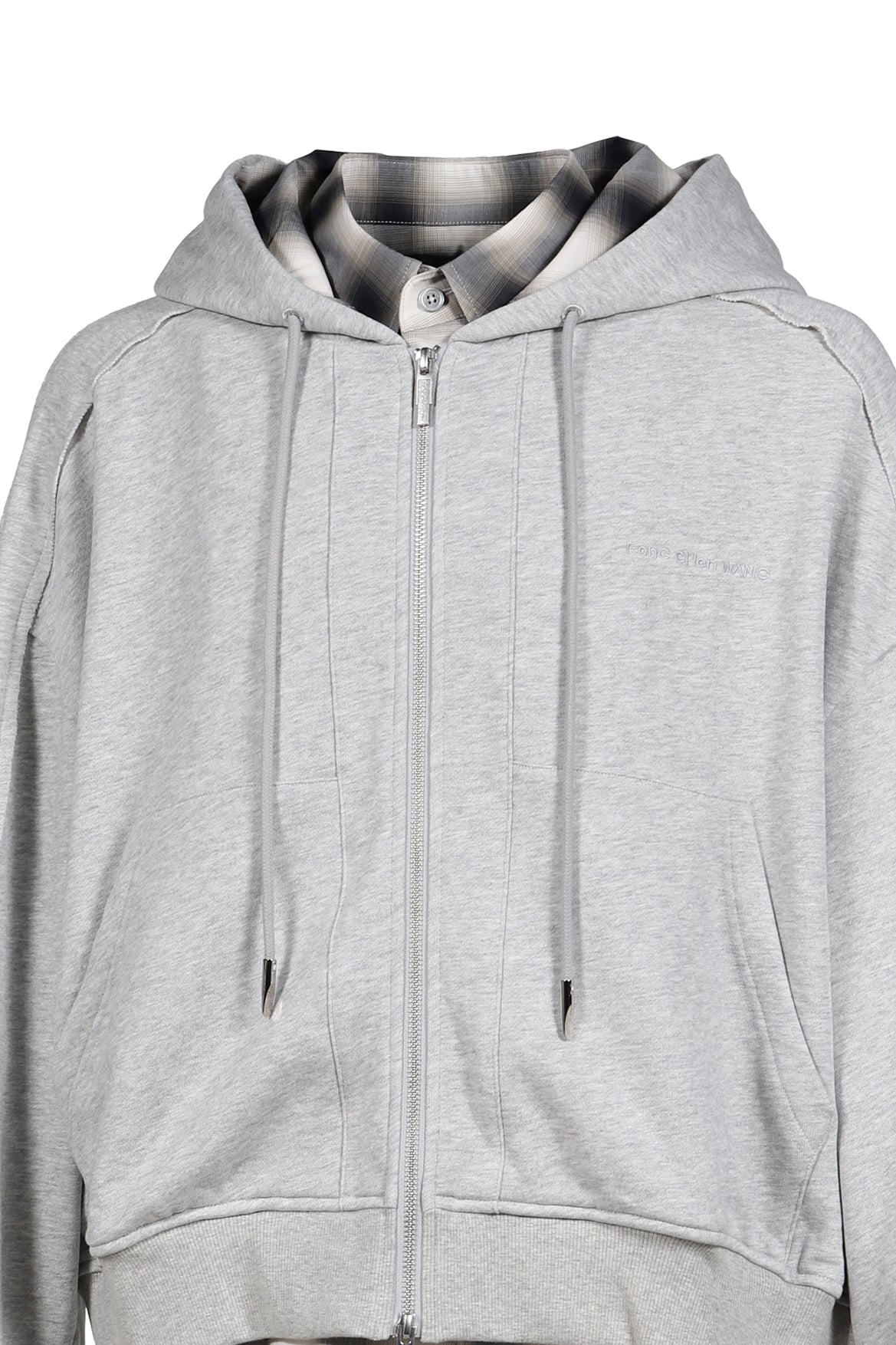 2 IN 1 ZIP HOODIE WITH CHECK SHIRT / GRY