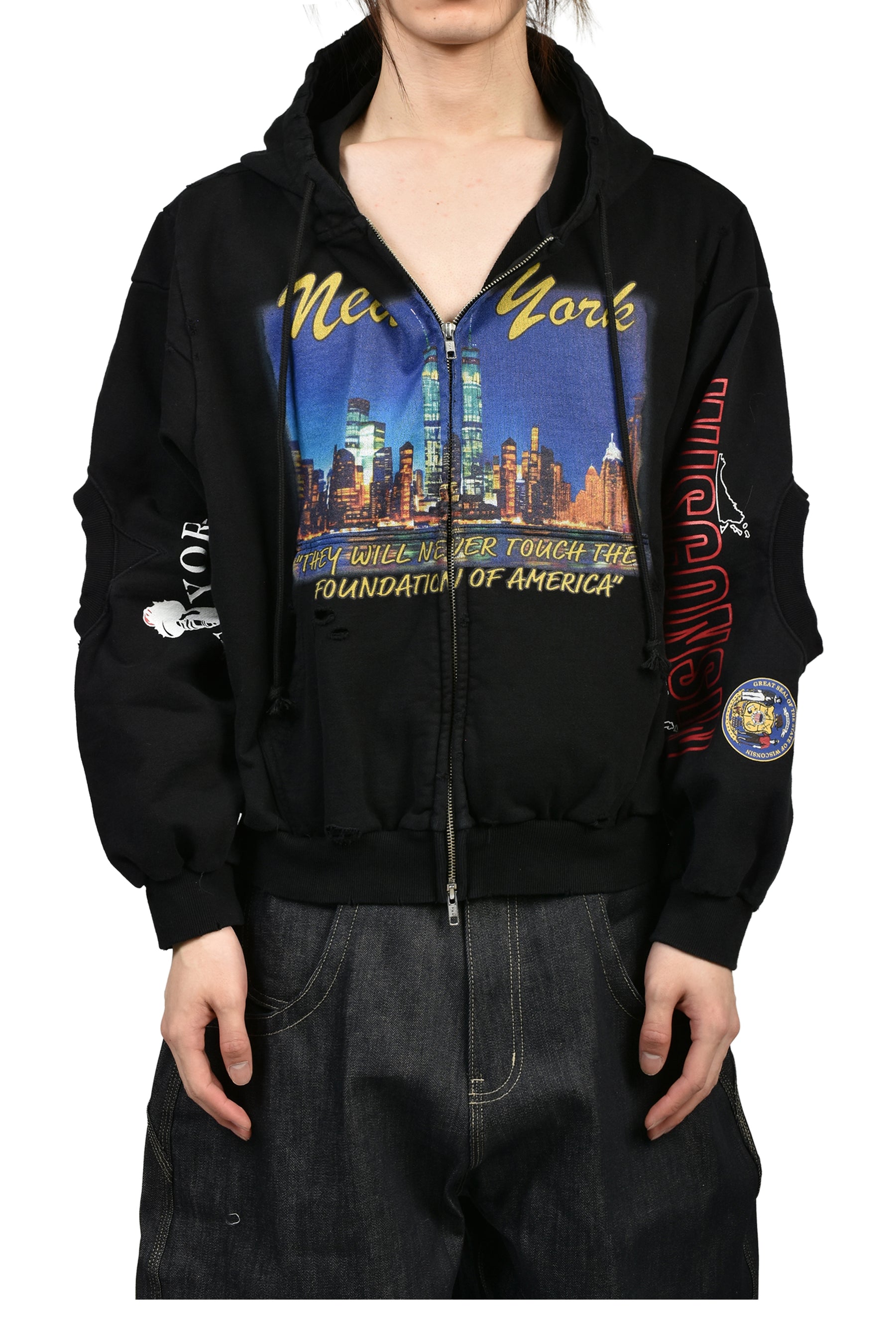 RECONSTRUCTED SWEATSHIRTS ZIP HOODIE / BLK