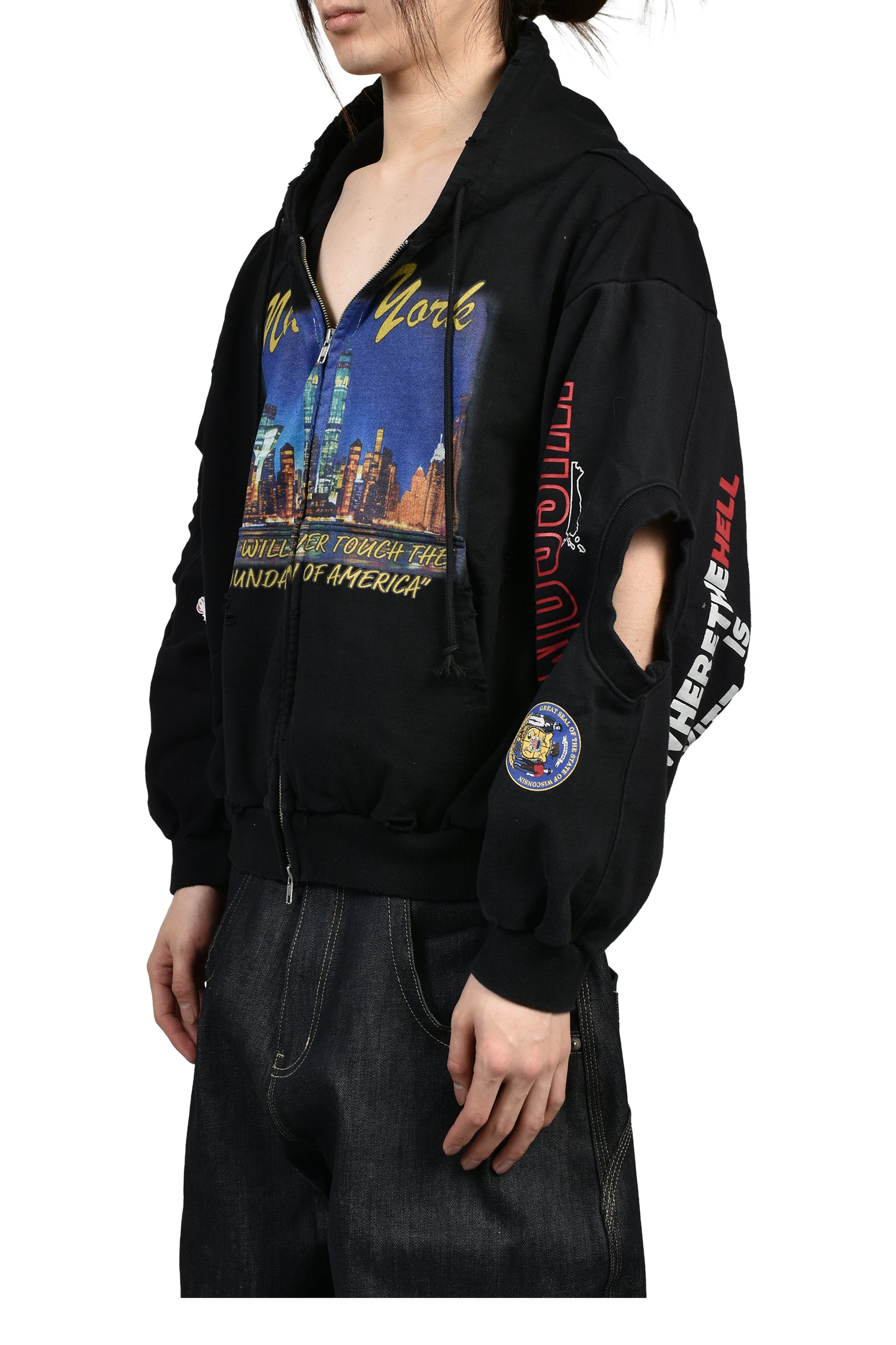 RECONSTRUCTED SWEATSHIRTS ZIP HOODIE / BLK