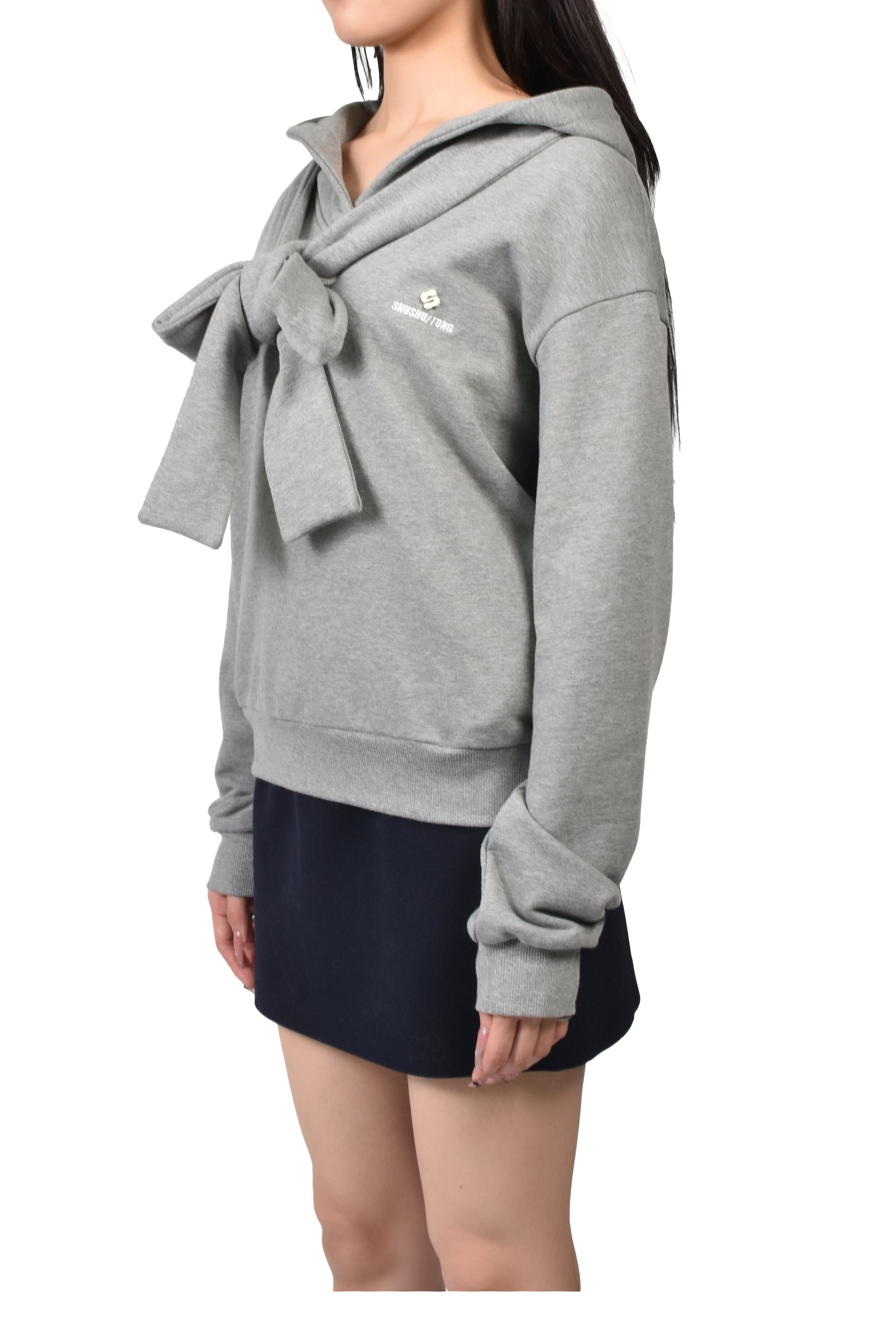TIE FRONT BOW HOODIE / GRY