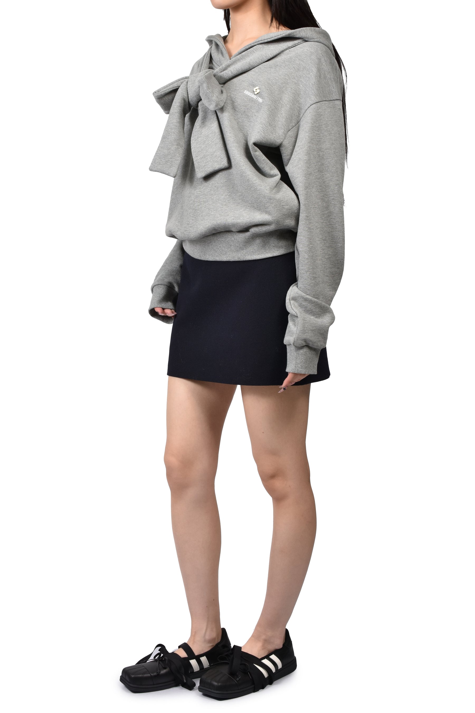 TIE FRONT BOW HOODIE / GRY