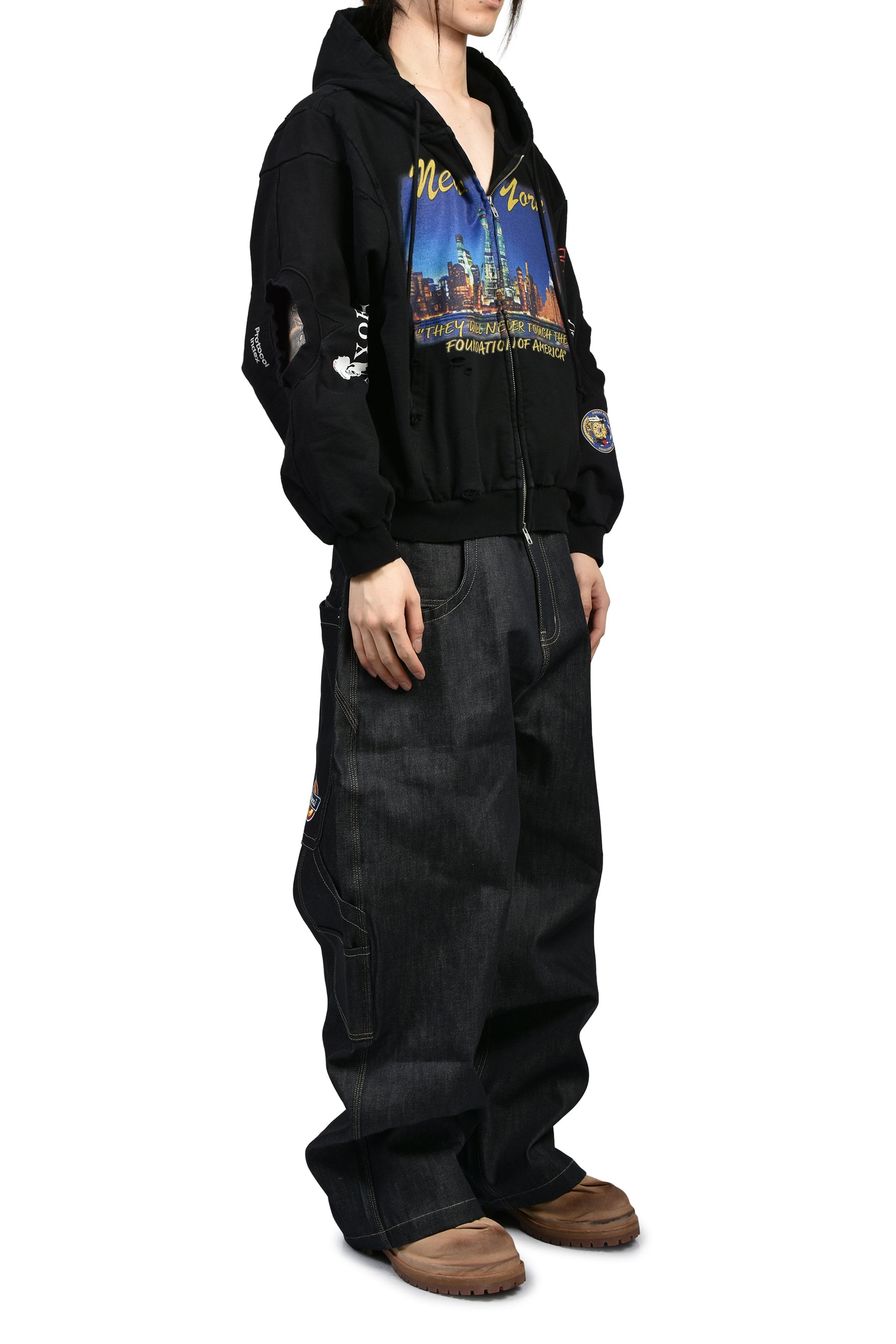 RECONSTRUCTED SWEATSHIRTS ZIP HOODIE / BLK