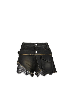 DENIM LACE COMBI SHORTPANTS / BLK 