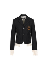 ELBA DESTRUCTURED SLIM FIT CONTRAST EDGE BLAZER WITH EMBROIDERED EMBLEM / BLK