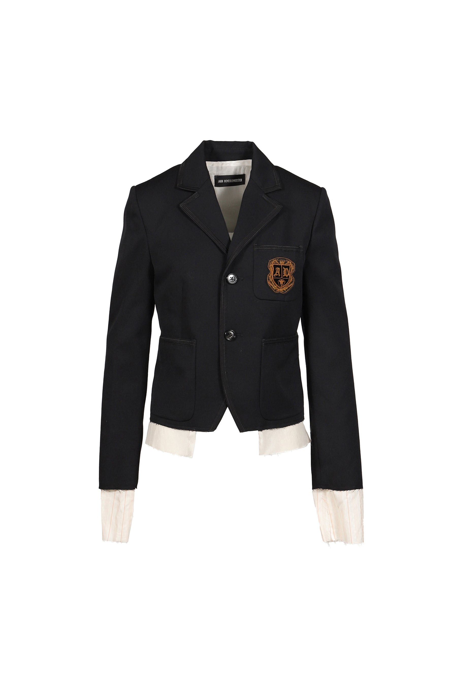 ELBA DESTRUCTURED SLIM FIT CONTRAST EDGE BLAZER WITH EMBROIDERED EMBLEM / BLK