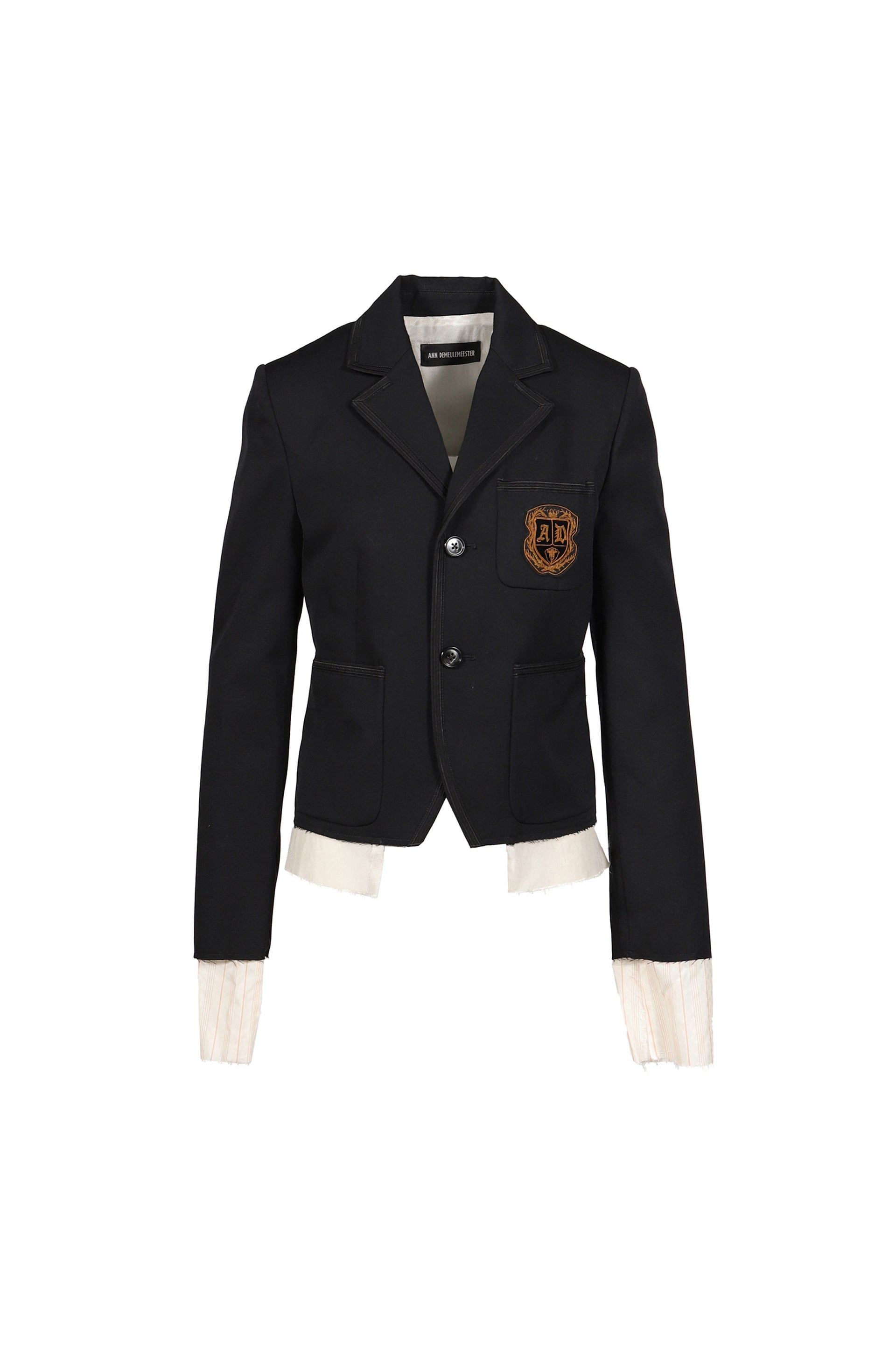 ELBA DESTRUCTURED SLIM FIT CONTRAST EDGE BLAZER WITH EMBROIDERED EMBLEM / BLK