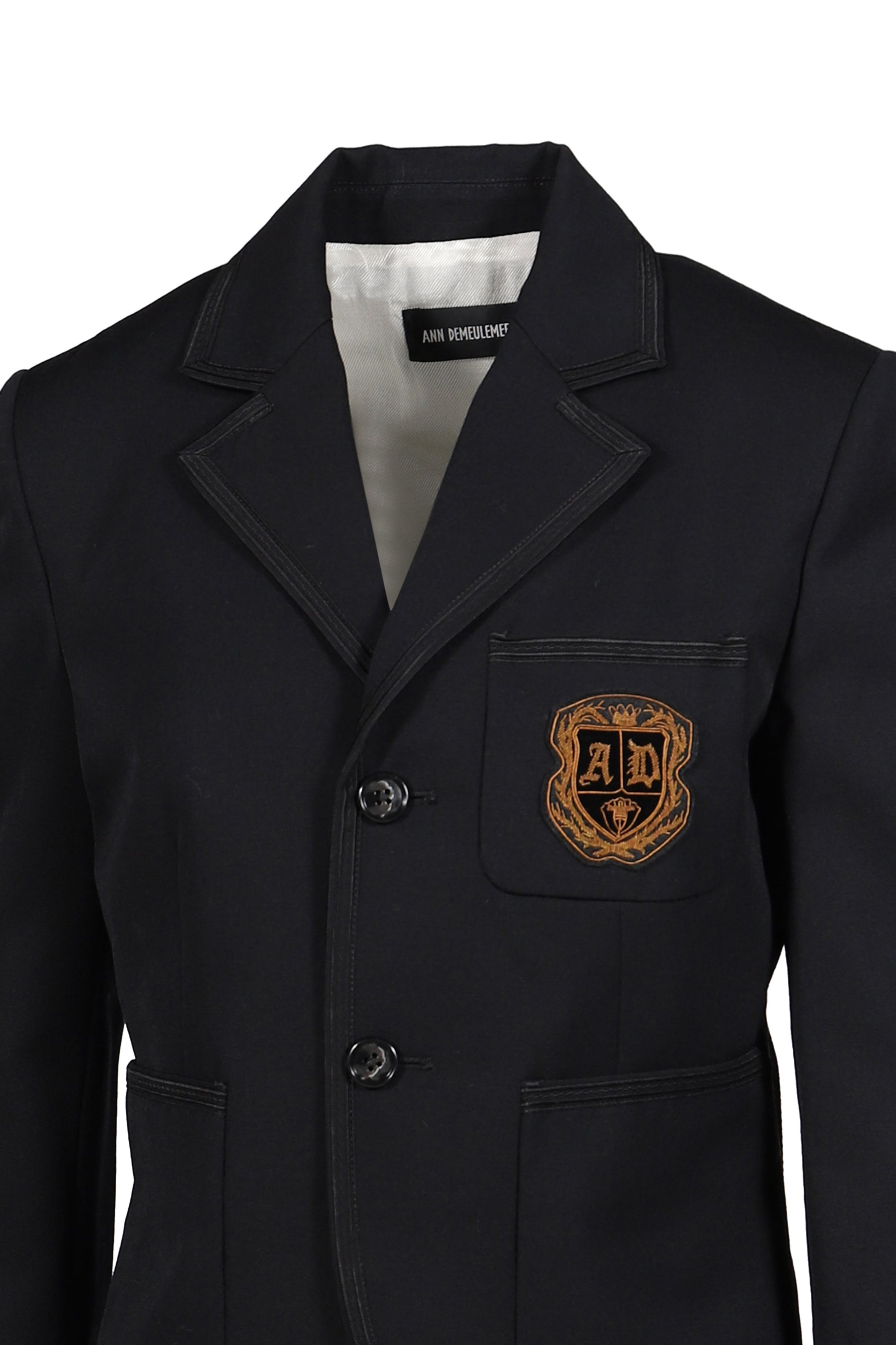 ELBA DESTRUCTURED SLIM FIT CONTRAST EDGE BLAZER WITH EMBROIDERED EMBLEM / BLK