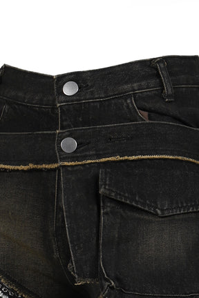 DENIM LACE COMBI SHORTPANTS / BLK 