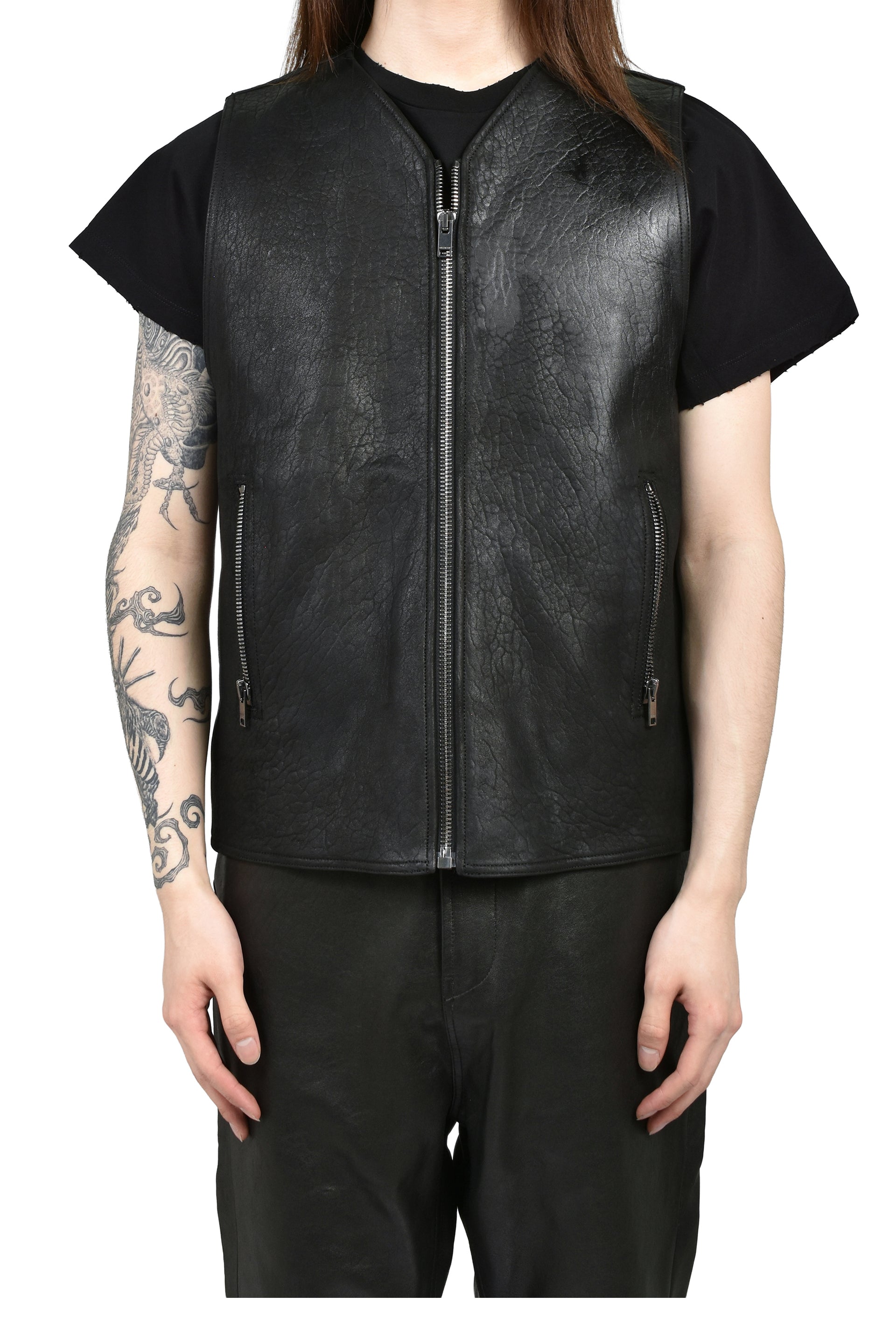 LEATHER ZIP VEST / BLK