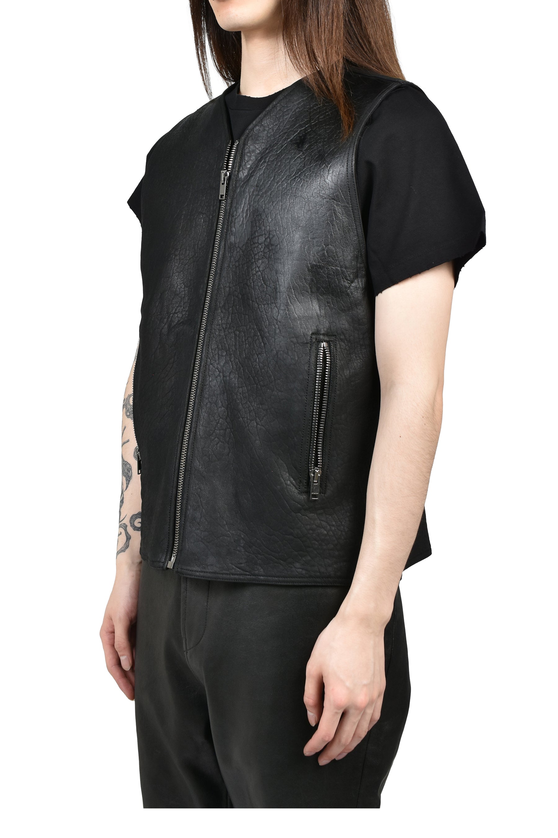 LEATHER ZIP VEST / BLK