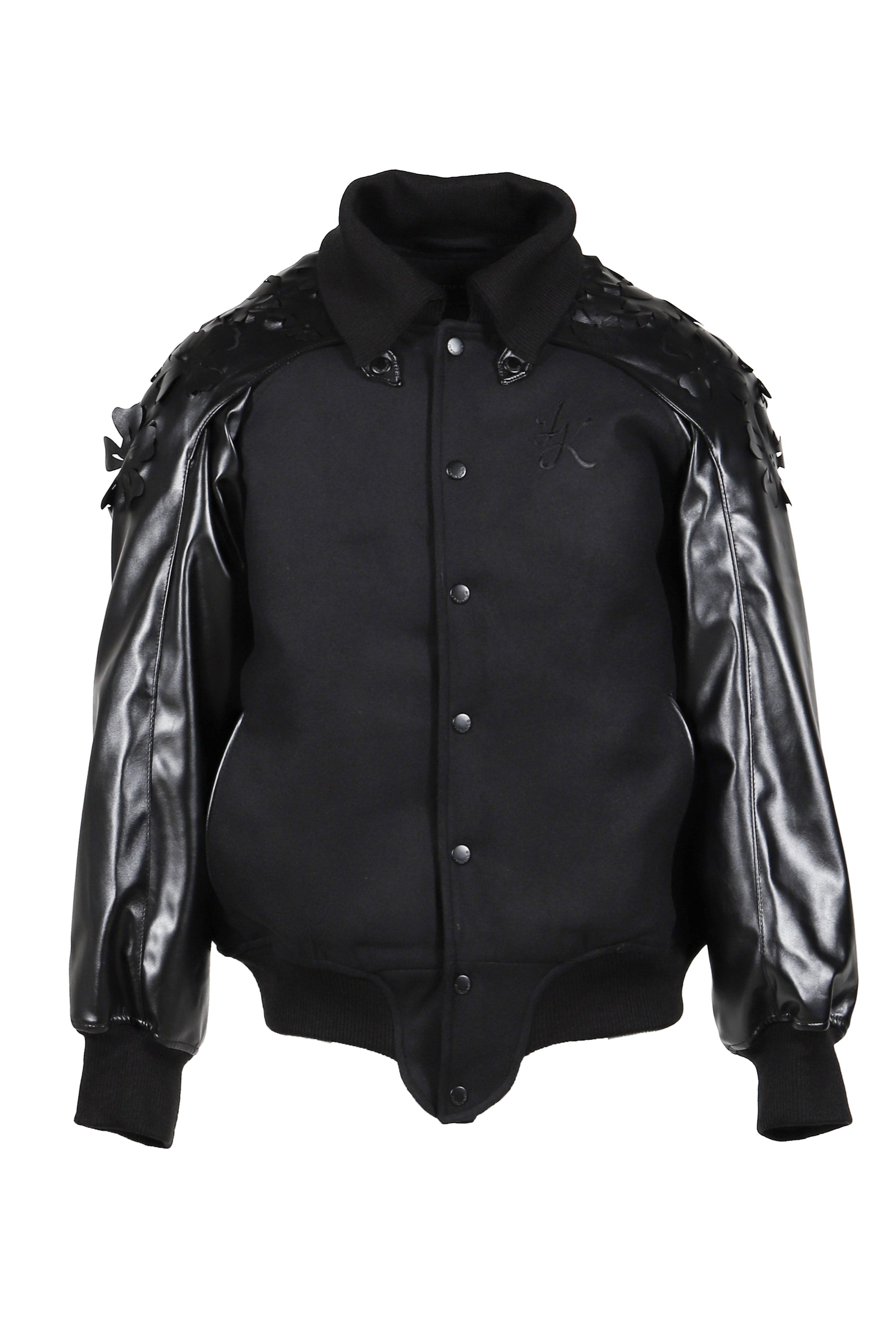 LASER-CUT FLOWER VARSITY JACKET / BLK