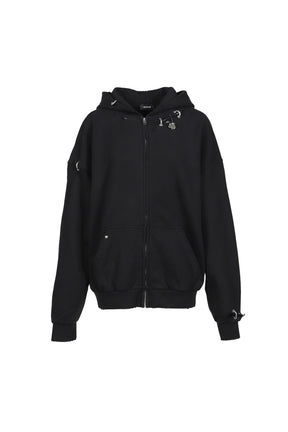 PIERCING DETAIL ZIP-UP HOODIE / BLK
