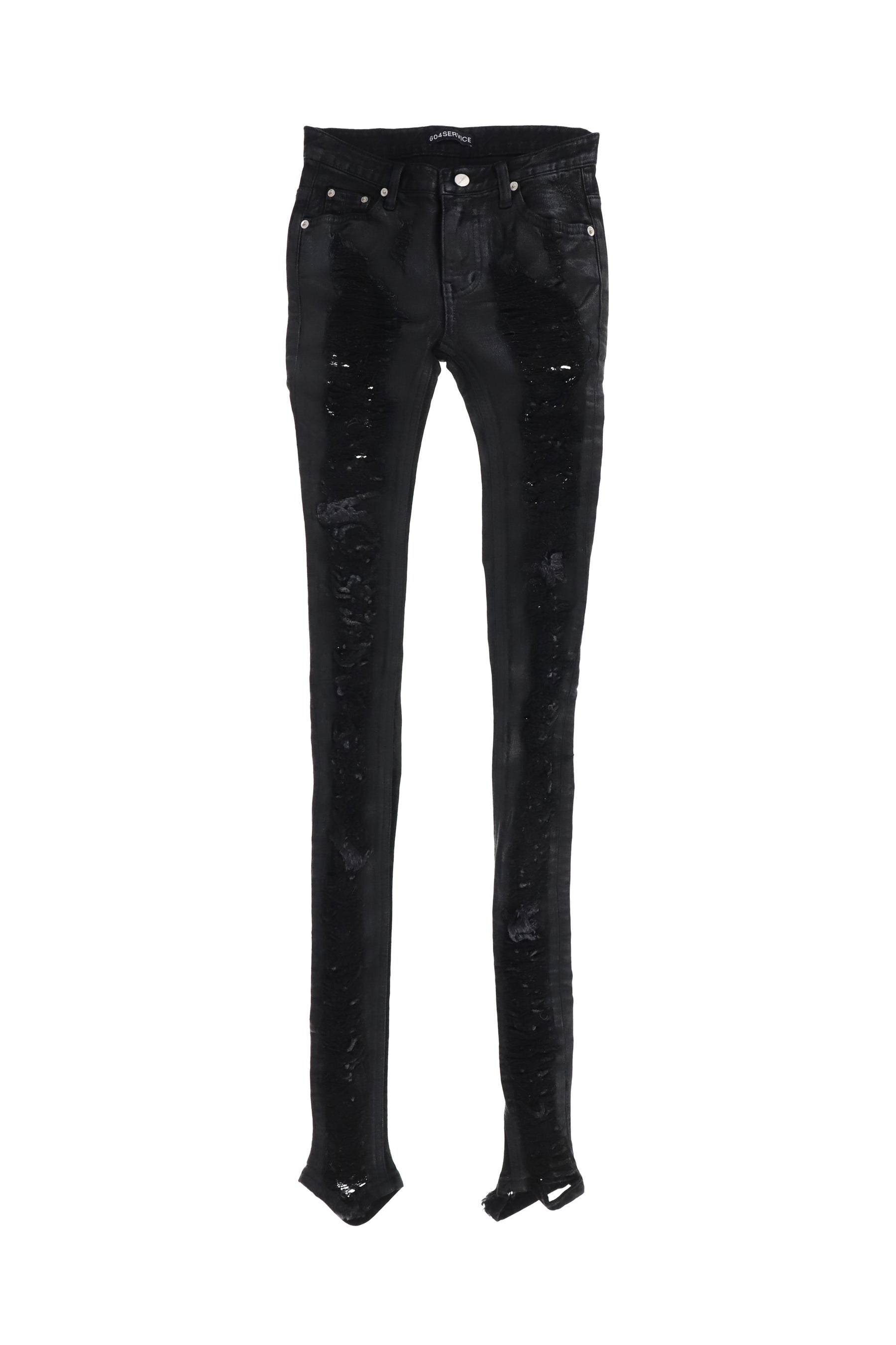 DISTRESSED SKINNY JEAN IN COATED BLACK / BLK