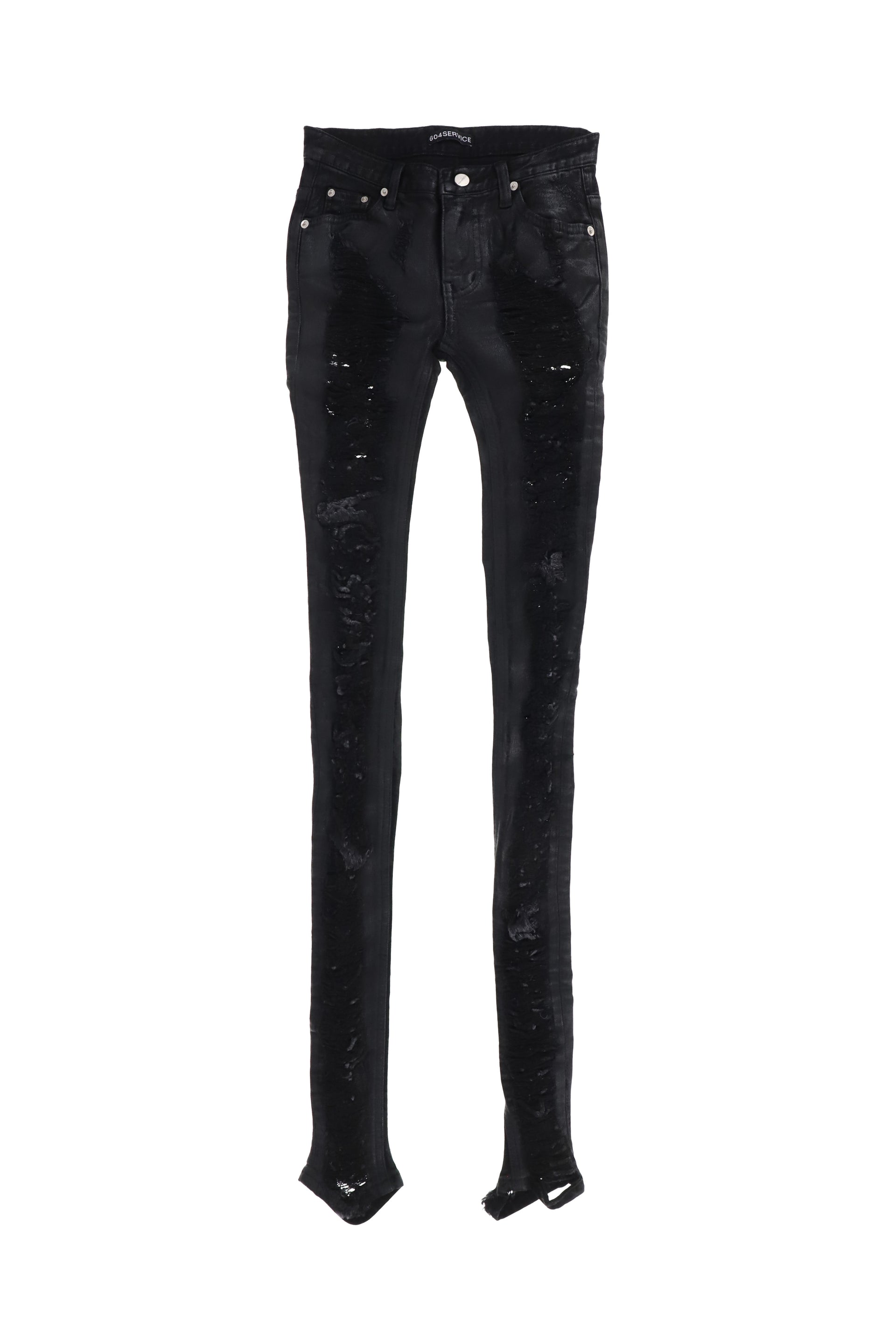 DISTRESSED SKINNY JEAN IN COATED BLACK / BLK