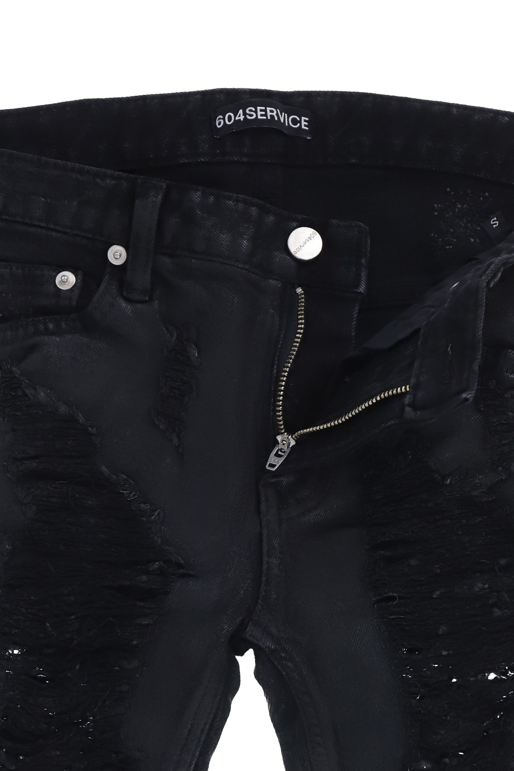 DISTRESSED SKINNY JEAN IN COATED BLACK / BLK