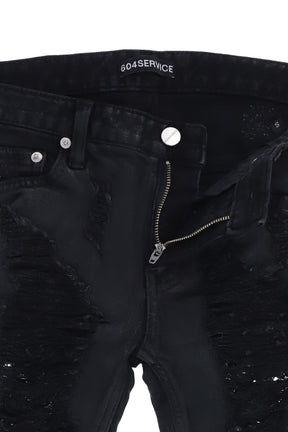 DISTRESSED SKINNY JEAN IN COATED BLACK / BLK