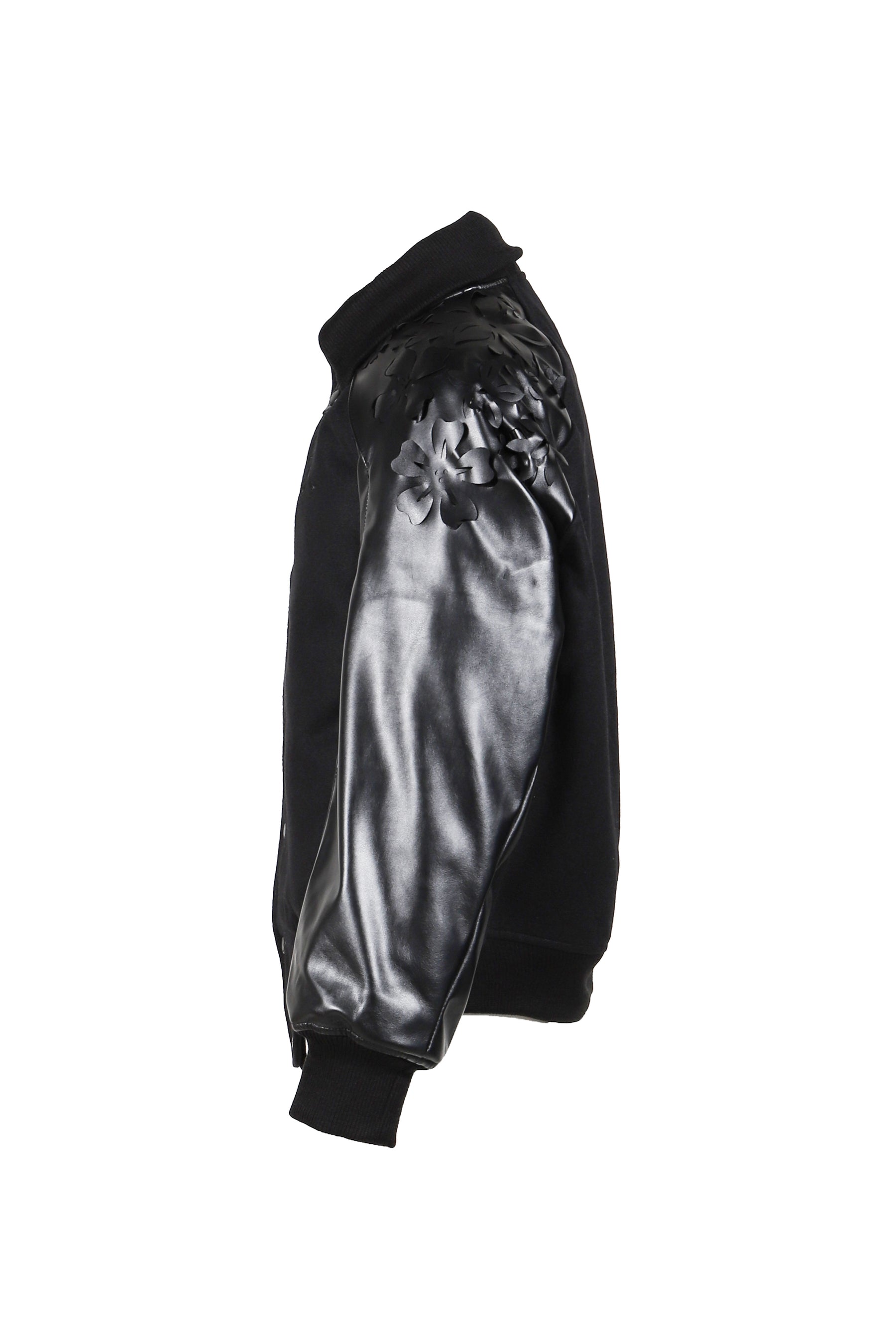 LASER-CUT FLOWER VARSITY JACKET / BLK