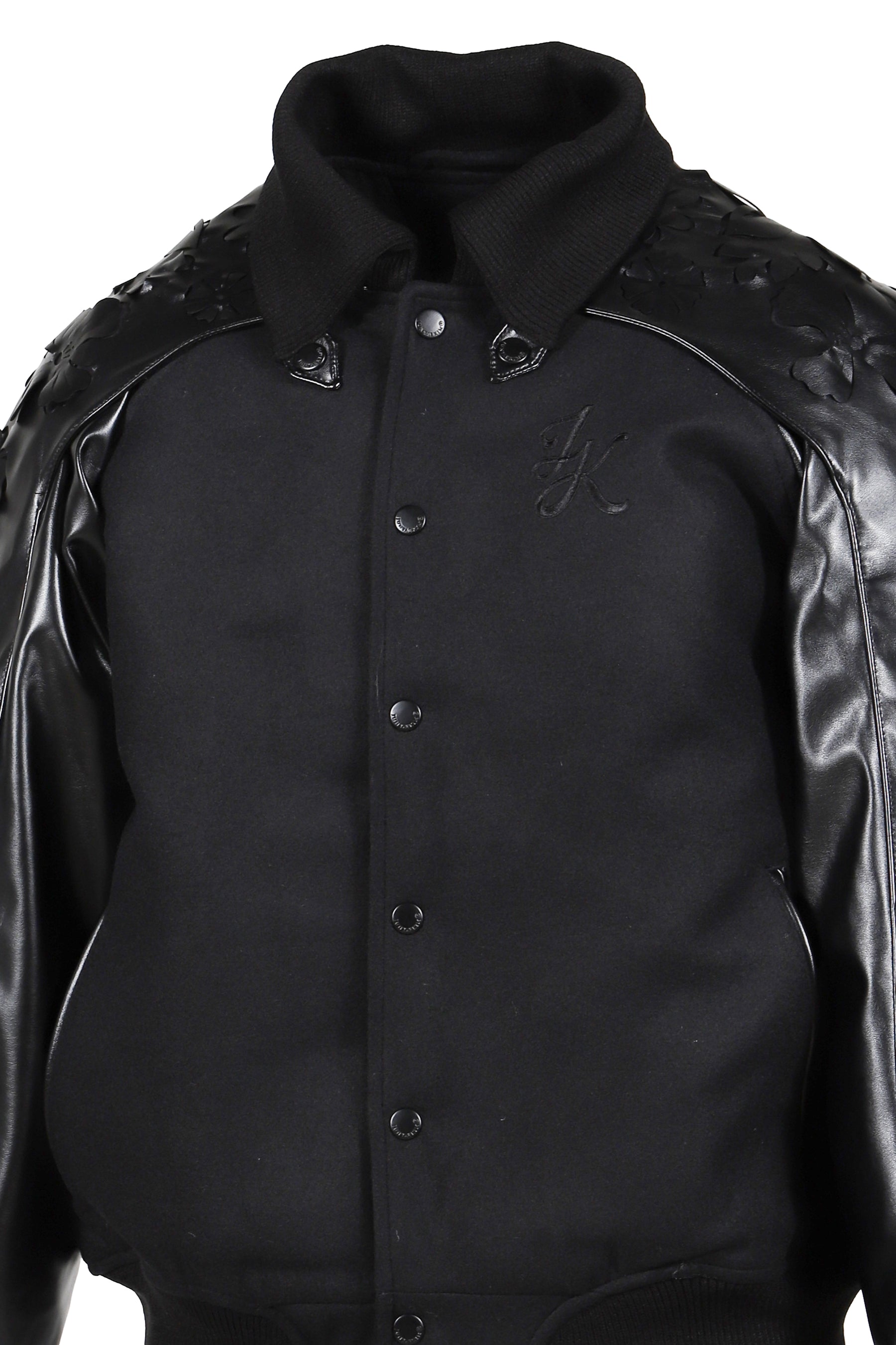 LASER-CUT FLOWER VARSITY JACKET / BLK