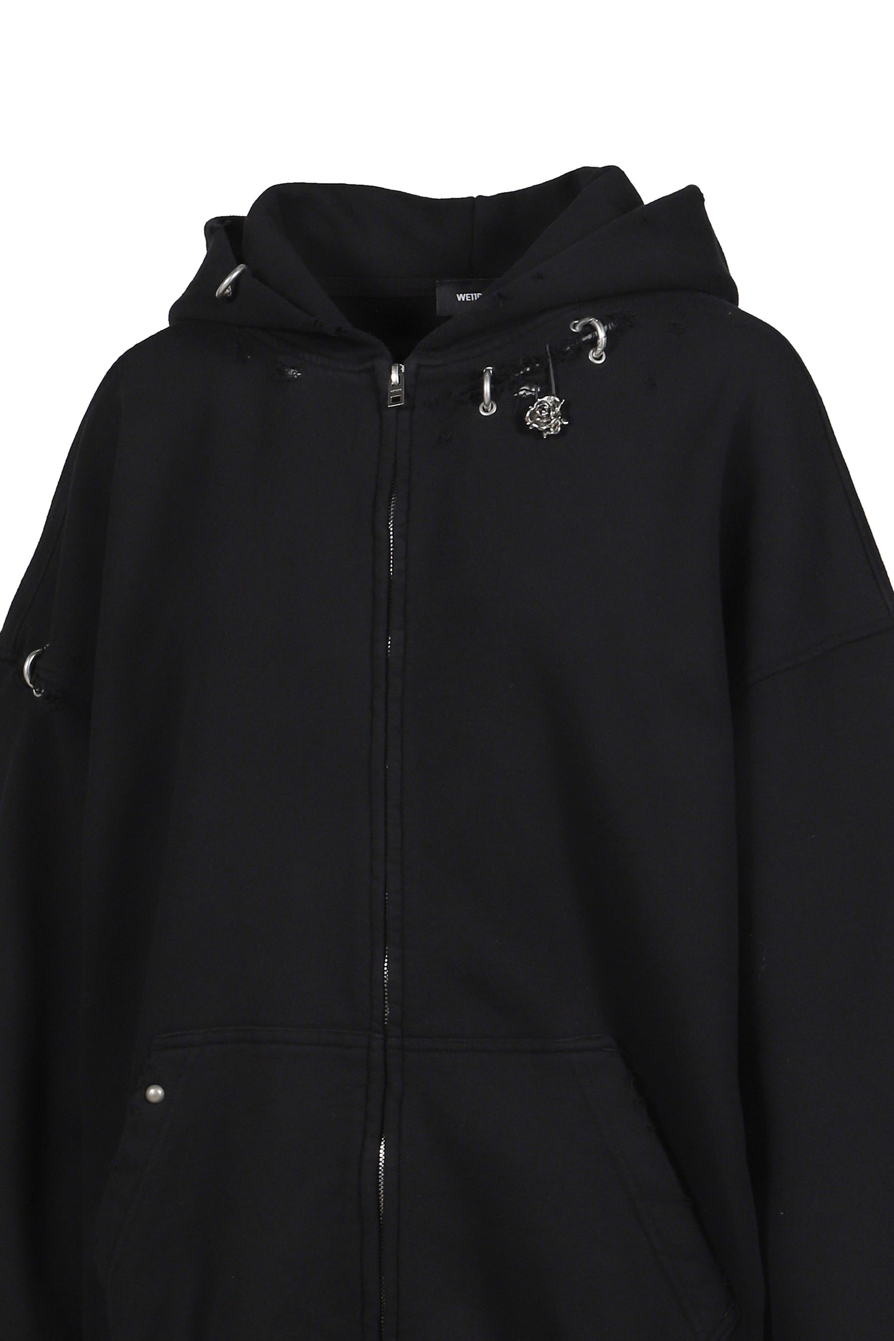 PIERCING DETAIL ZIP-UP HOODIE / BLK
