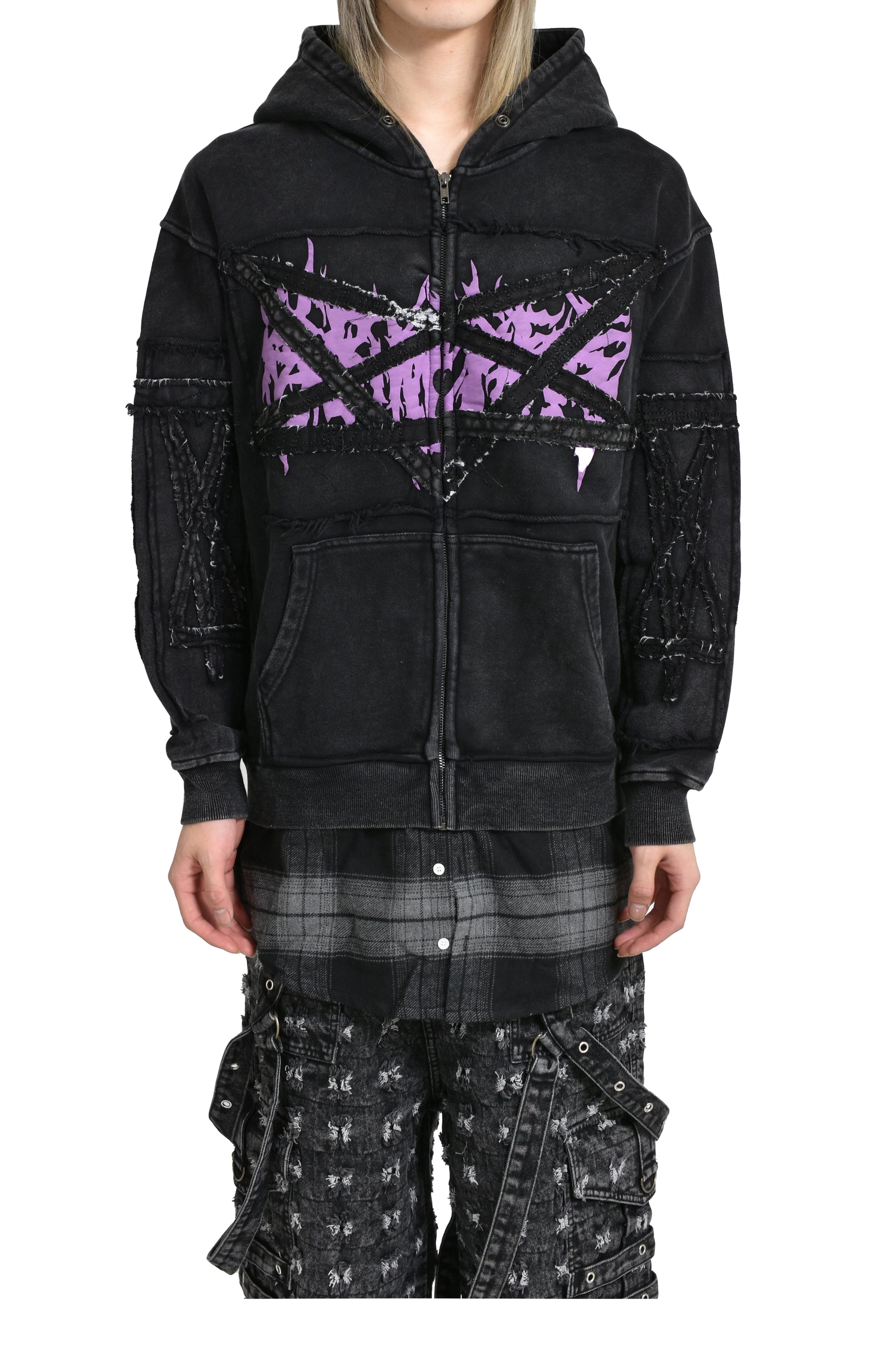 PENT PATCH FLANNEL HOODIE / BLK