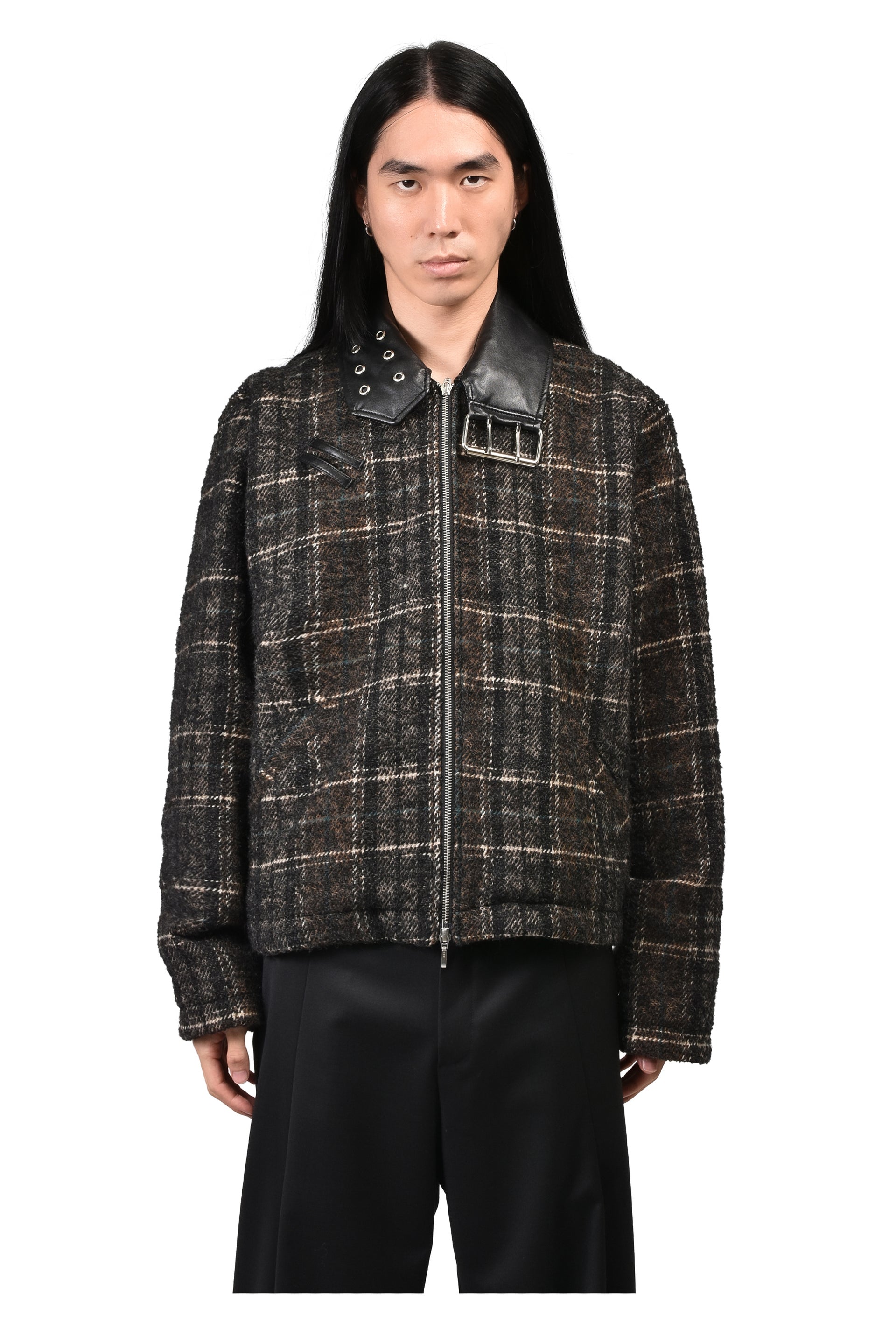 DETACHABLE COLLAR-BELT WOOL JACKET / BLK BRW