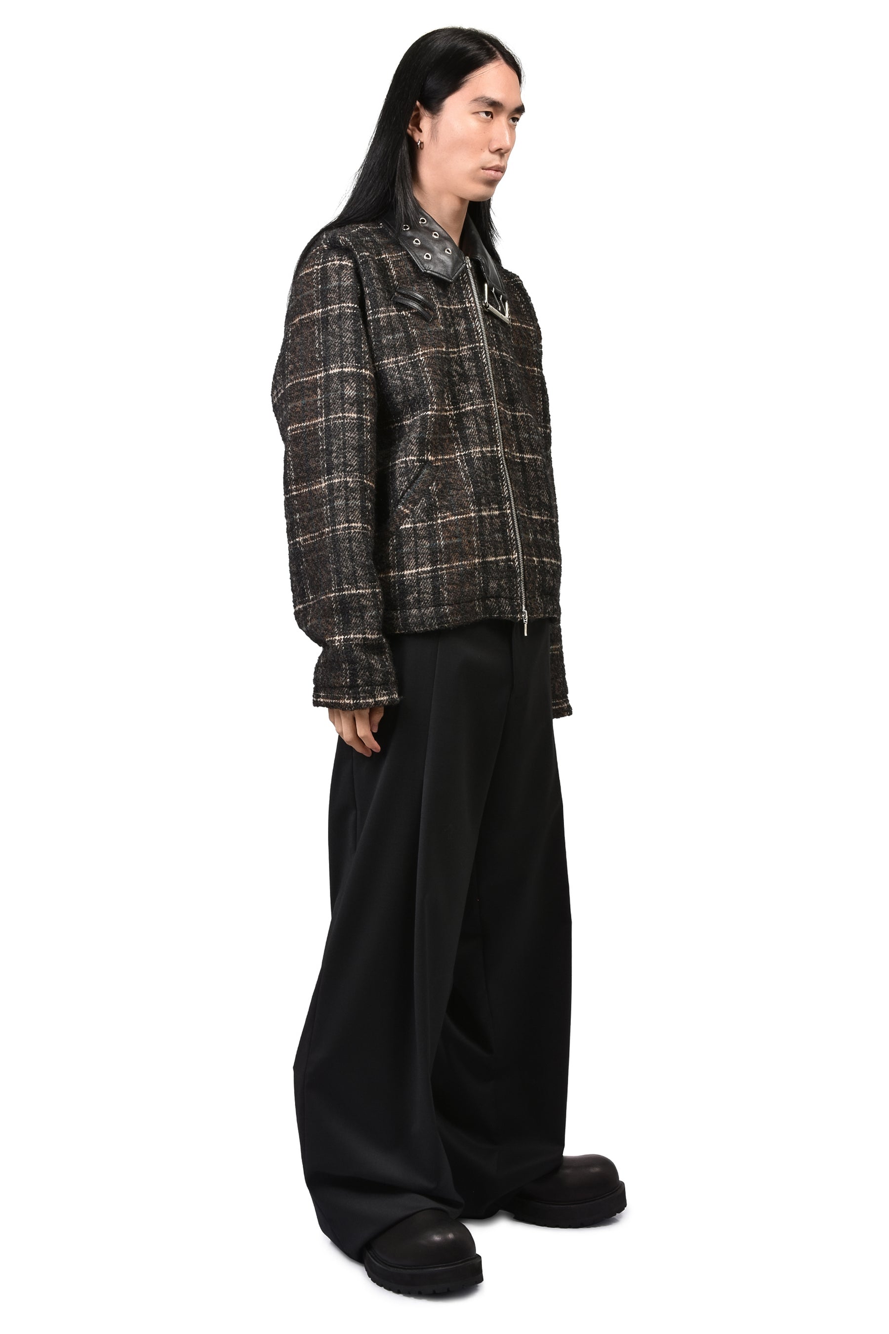 DETACHABLE COLLAR-BELT WOOL JACKET / BLK BRW
