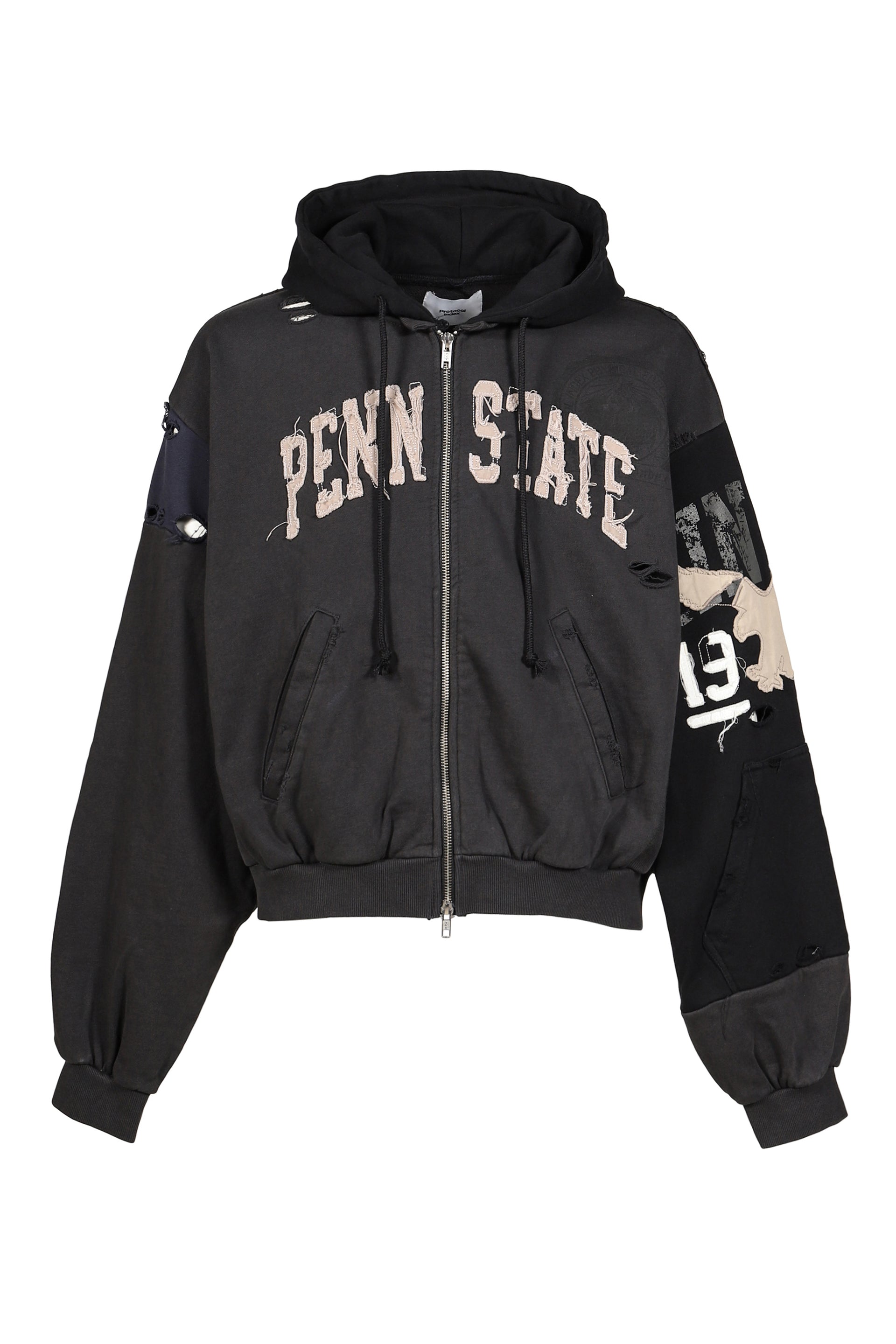 RECONSTRUCTED APPLIQUE SWEATSHIRT ZIP HOODIE / BLK