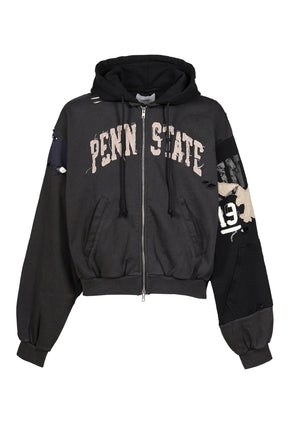 RECONSTRUCTED APPLIQUE SWEATSHIRT ZIP HOODIE / BLK