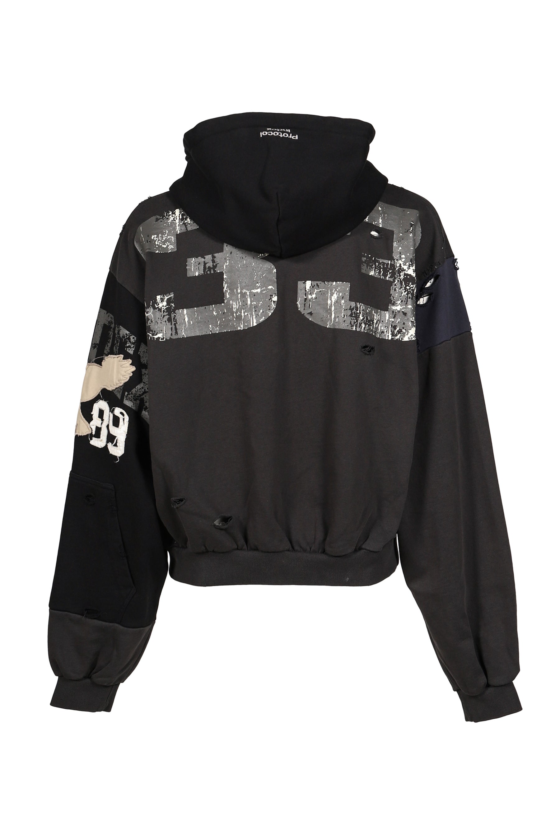 RECONSTRUCTED APPLIQUE SWEATSHIRT ZIP HOODIE / BLK