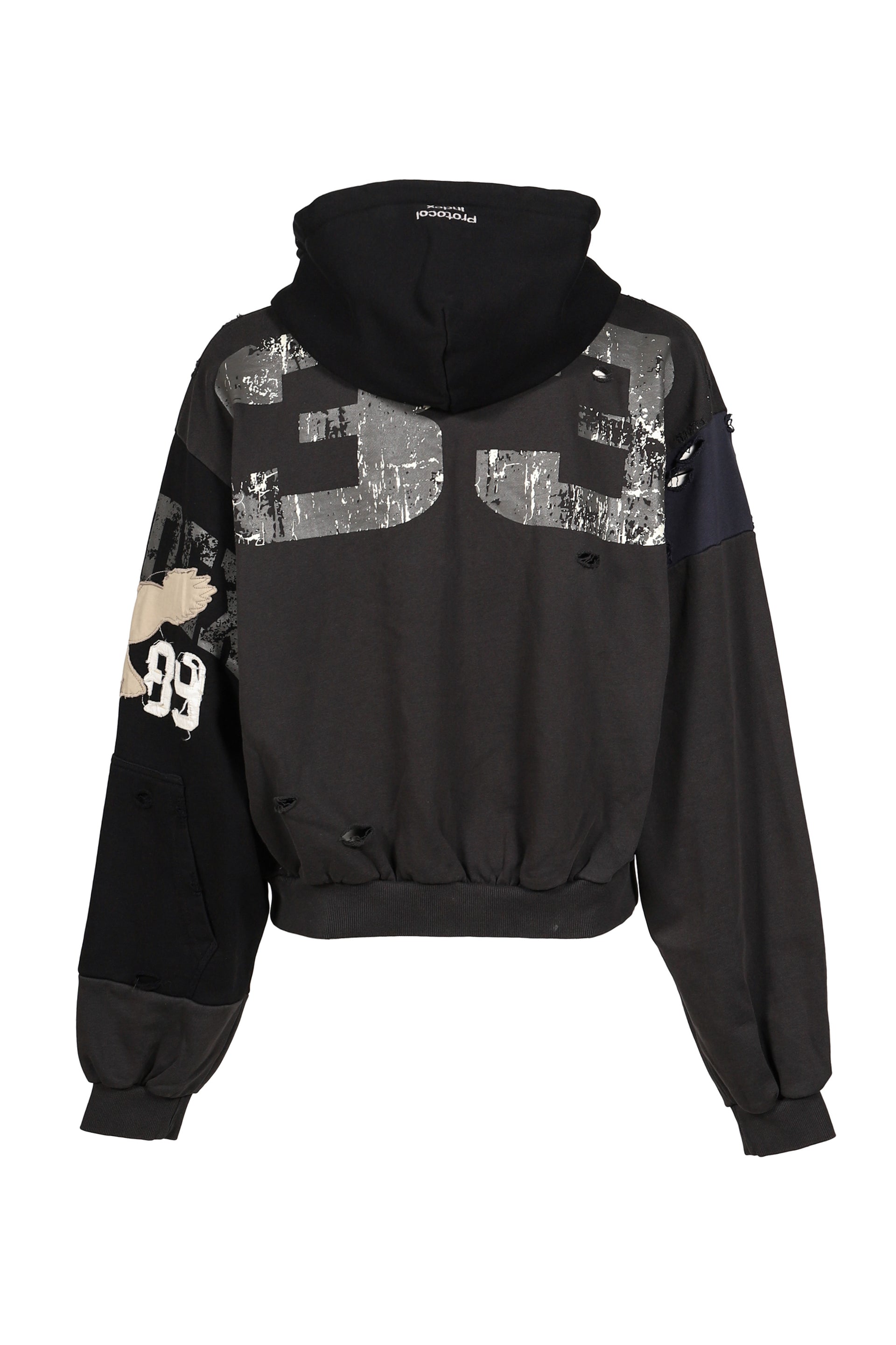 RECONSTRUCTED APPLIQUE SWEATSHIRT ZIP HOODIE / BLK