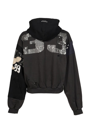 RECONSTRUCTED APPLIQUE SWEATSHIRT ZIP HOODIE / BLK