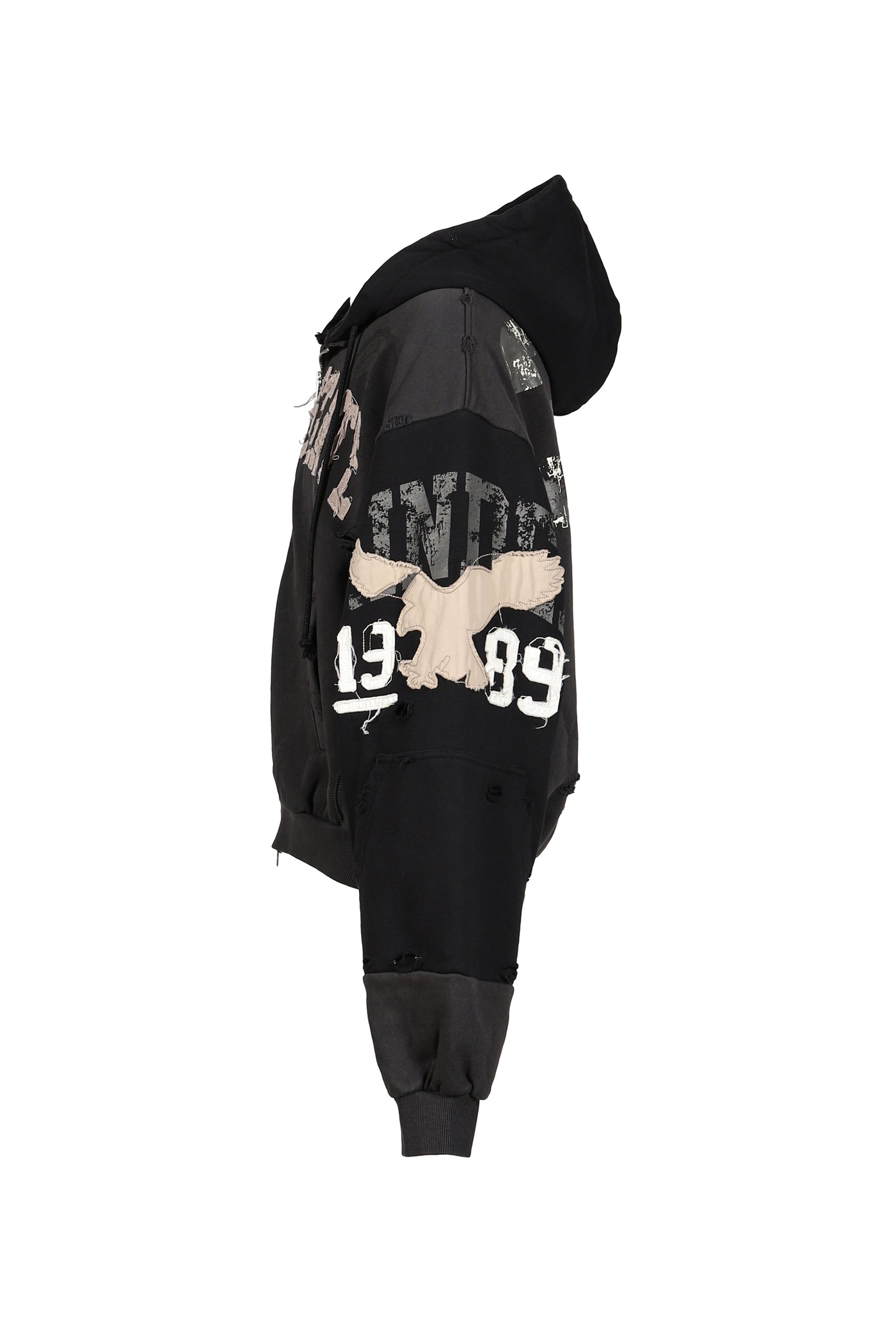 RECONSTRUCTED APPLIQUE SWEATSHIRT ZIP HOODIE / BLK
