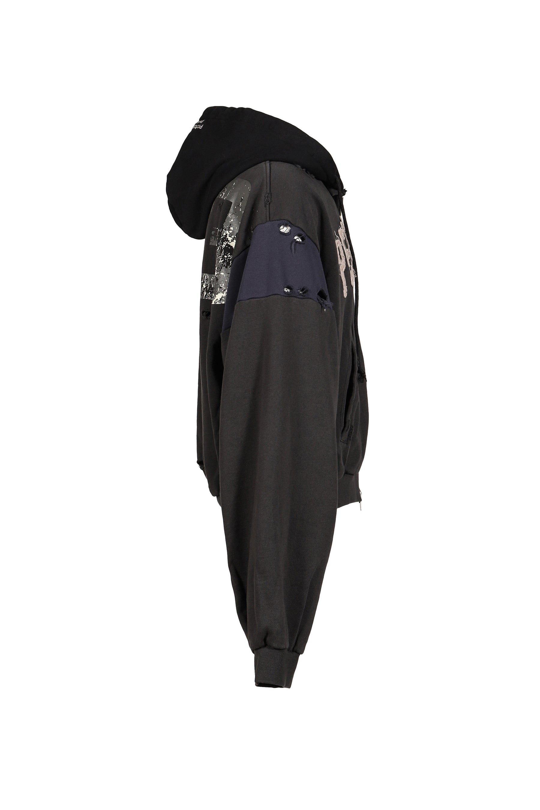 RECONSTRUCTED APPLIQUE SWEATSHIRT ZIP HOODIE / BLK