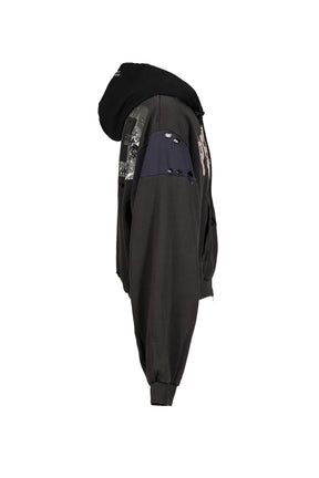 RECONSTRUCTED APPLIQUE SWEATSHIRT ZIP HOODIE / BLK