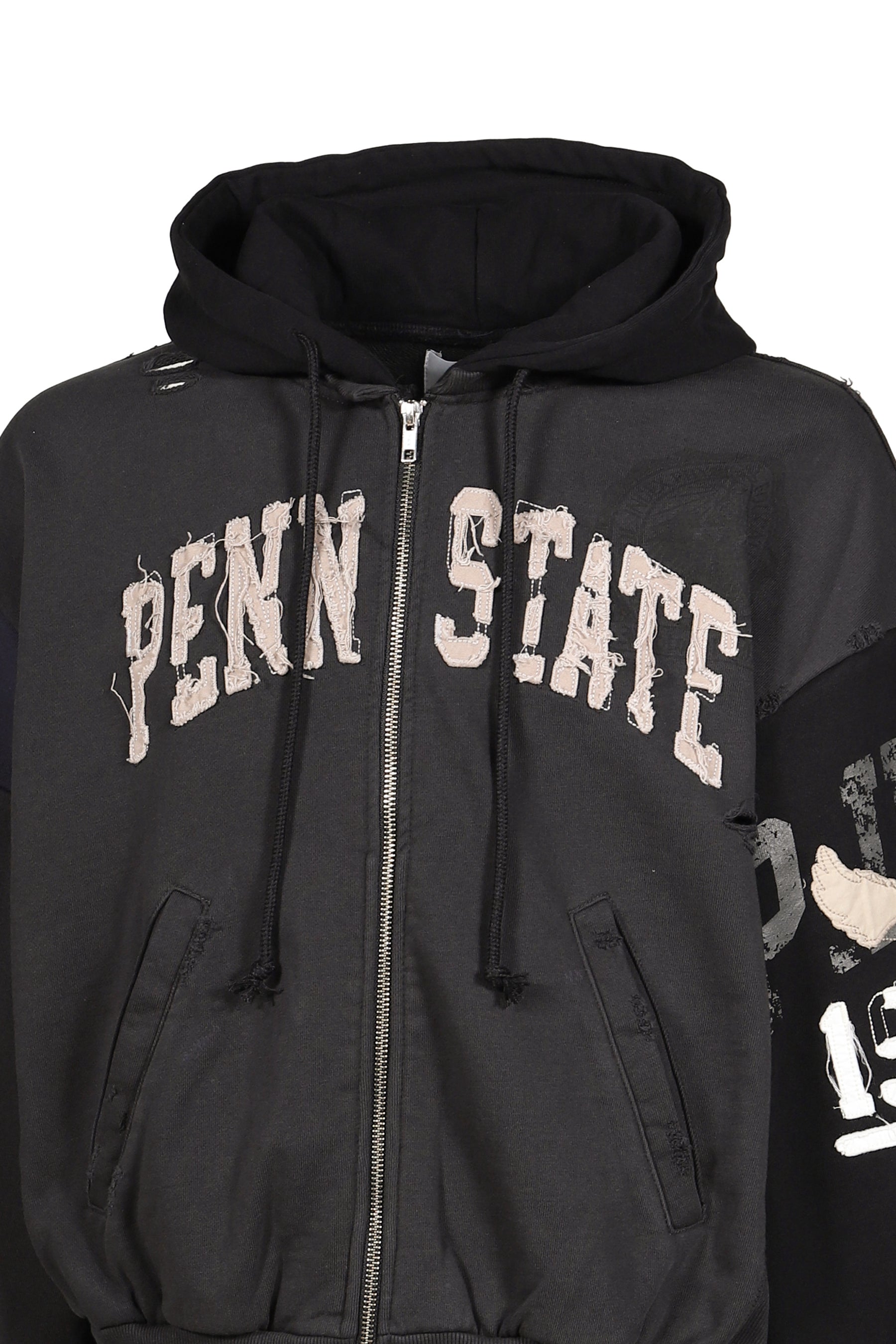 RECONSTRUCTED APPLIQUE SWEATSHIRT ZIP HOODIE / BLK