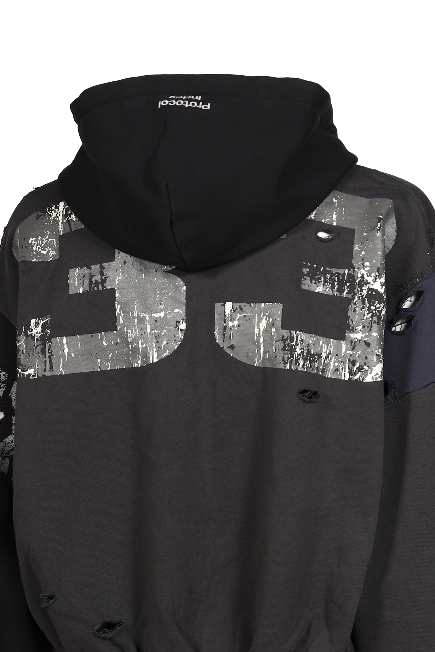 RECONSTRUCTED APPLIQUE SWEATSHIRT ZIP HOODIE / BLK