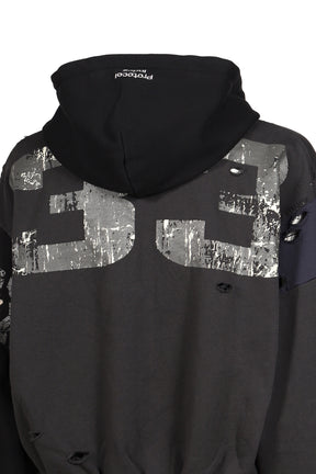 RECONSTRUCTED APPLIQUE SWEATSHIRT ZIP HOODIE / BLK