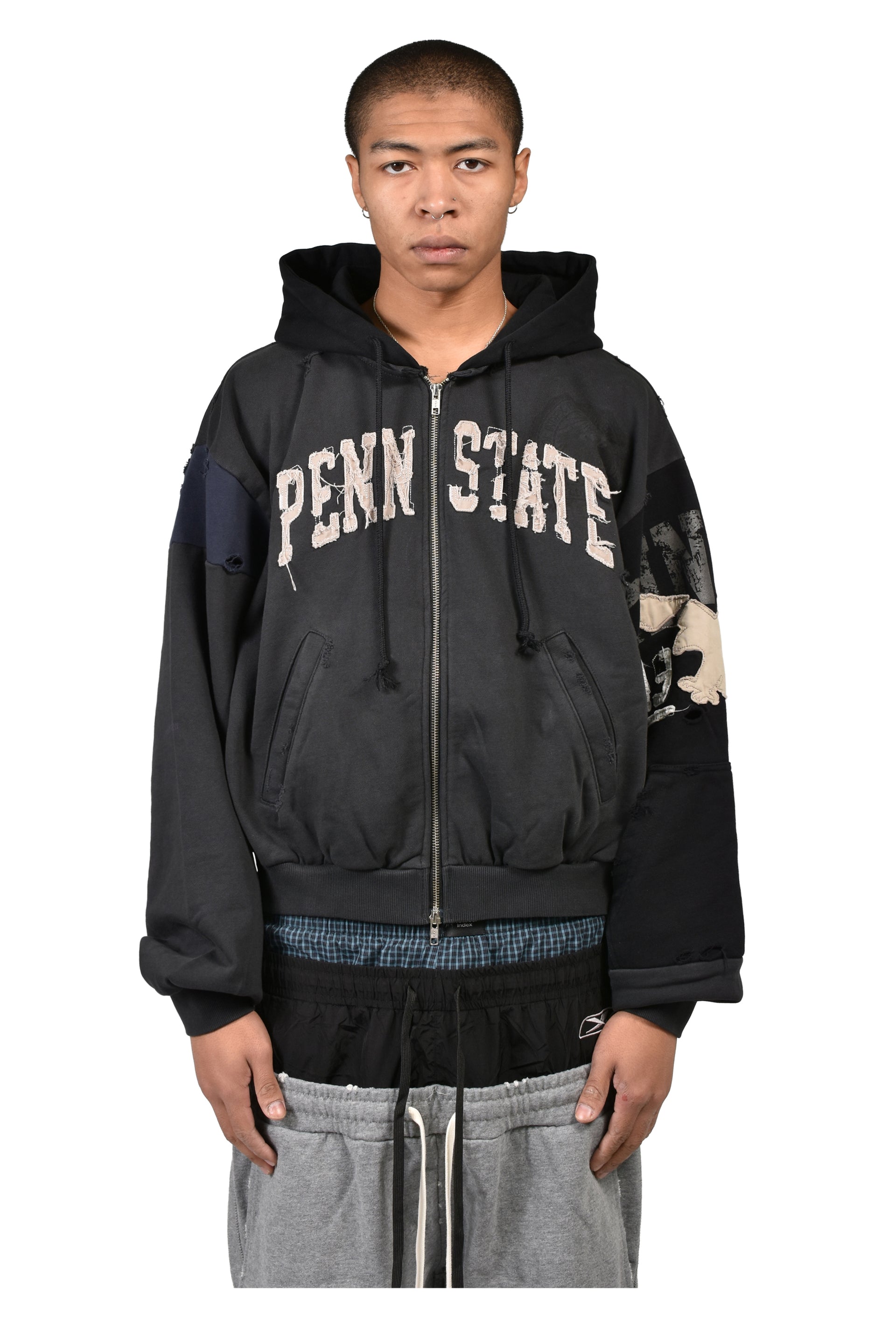 RECONSTRUCTED APPLIQUE SWEATSHIRT ZIP HOODIE / BLK