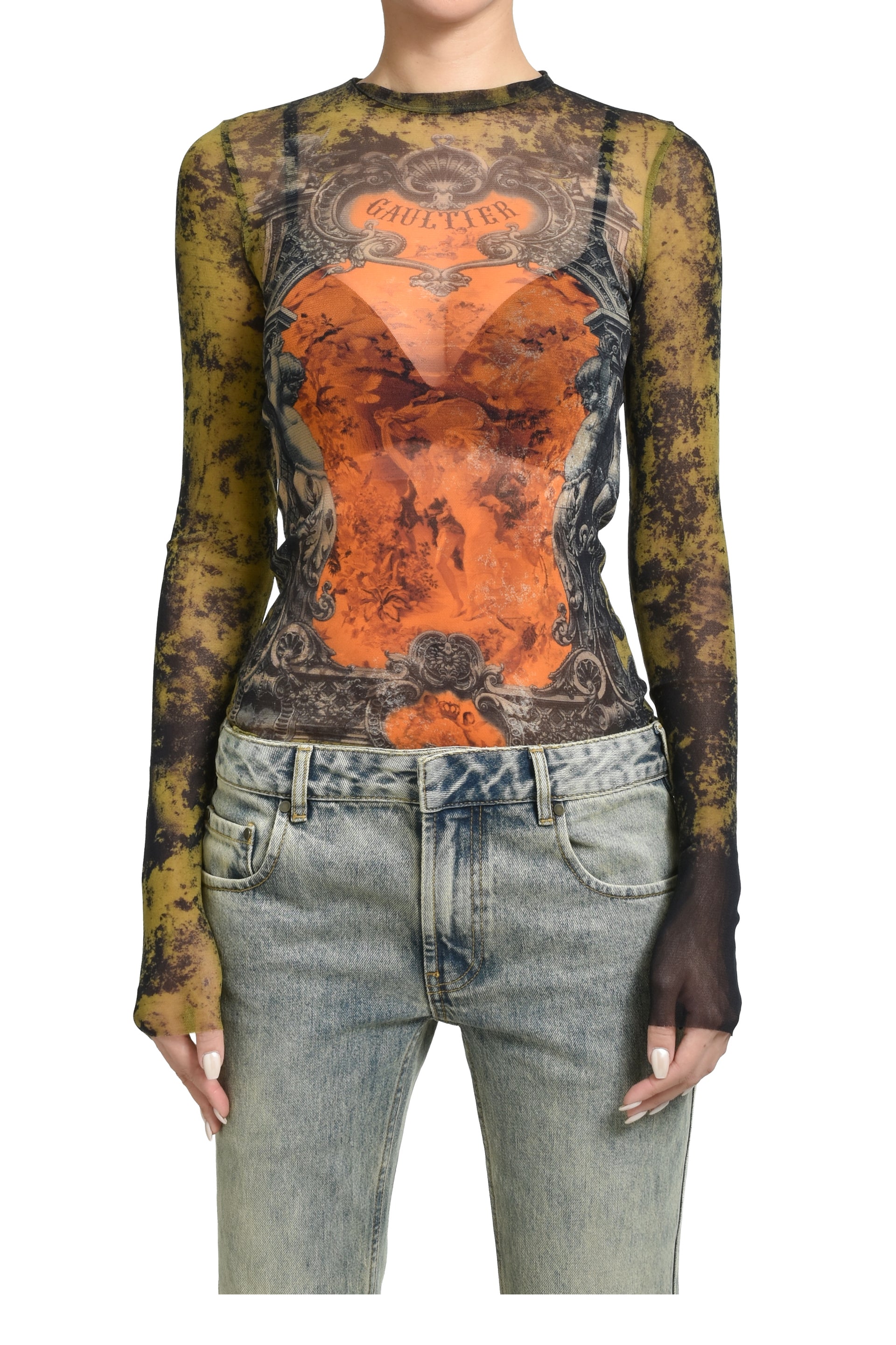 MESH LONG SLEEVES TOP PRINTED "M_DAILLON" / BLK KHA ORG