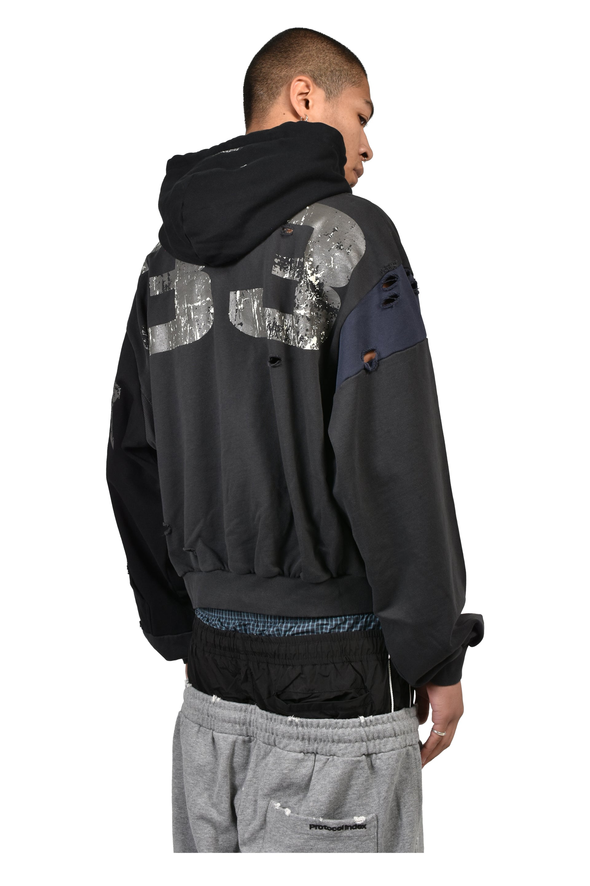 RECONSTRUCTED APPLIQUE SWEATSHIRT ZIP HOODIE / BLK